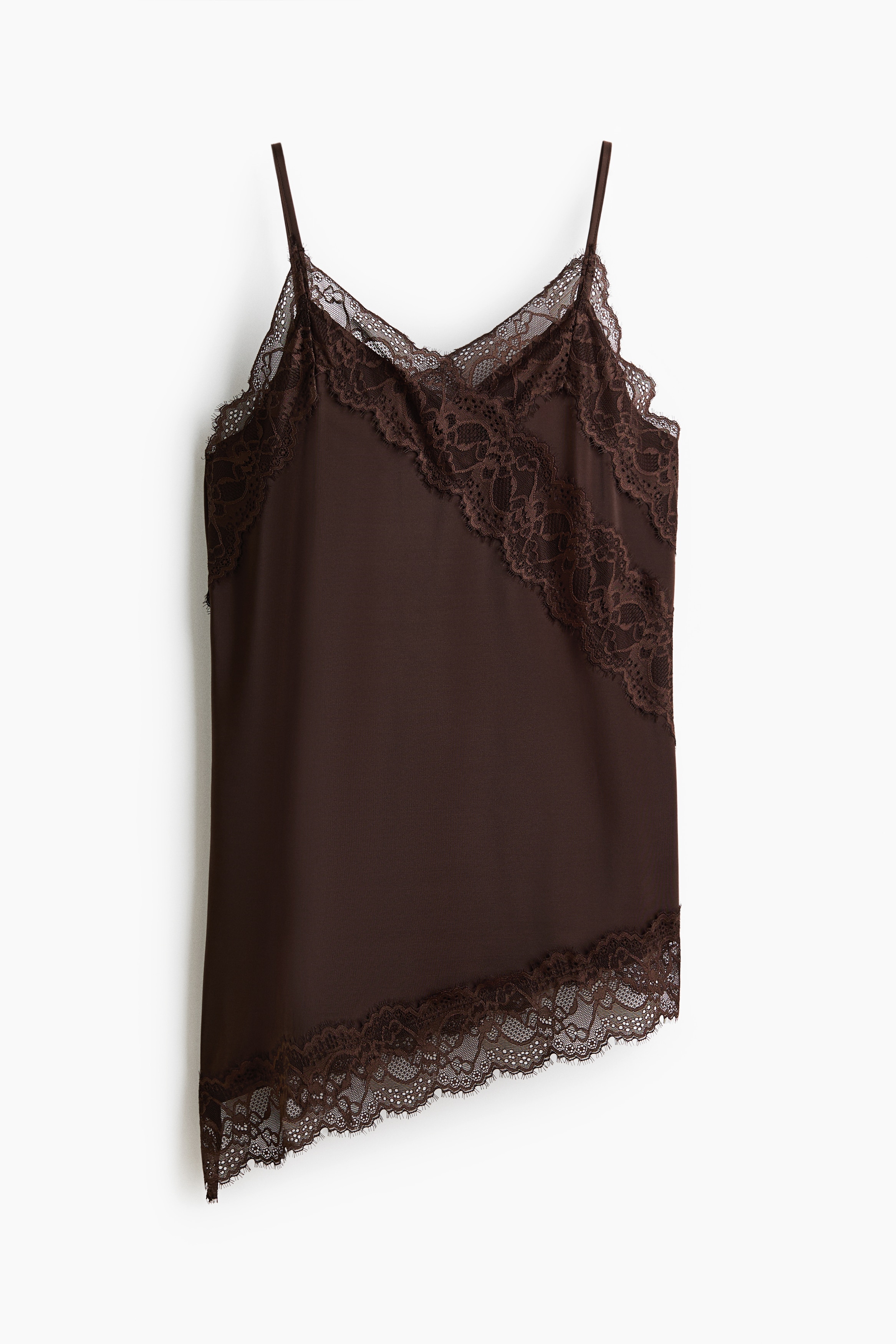 Lace-detail jersey strappy top - Dark brown/White/Black