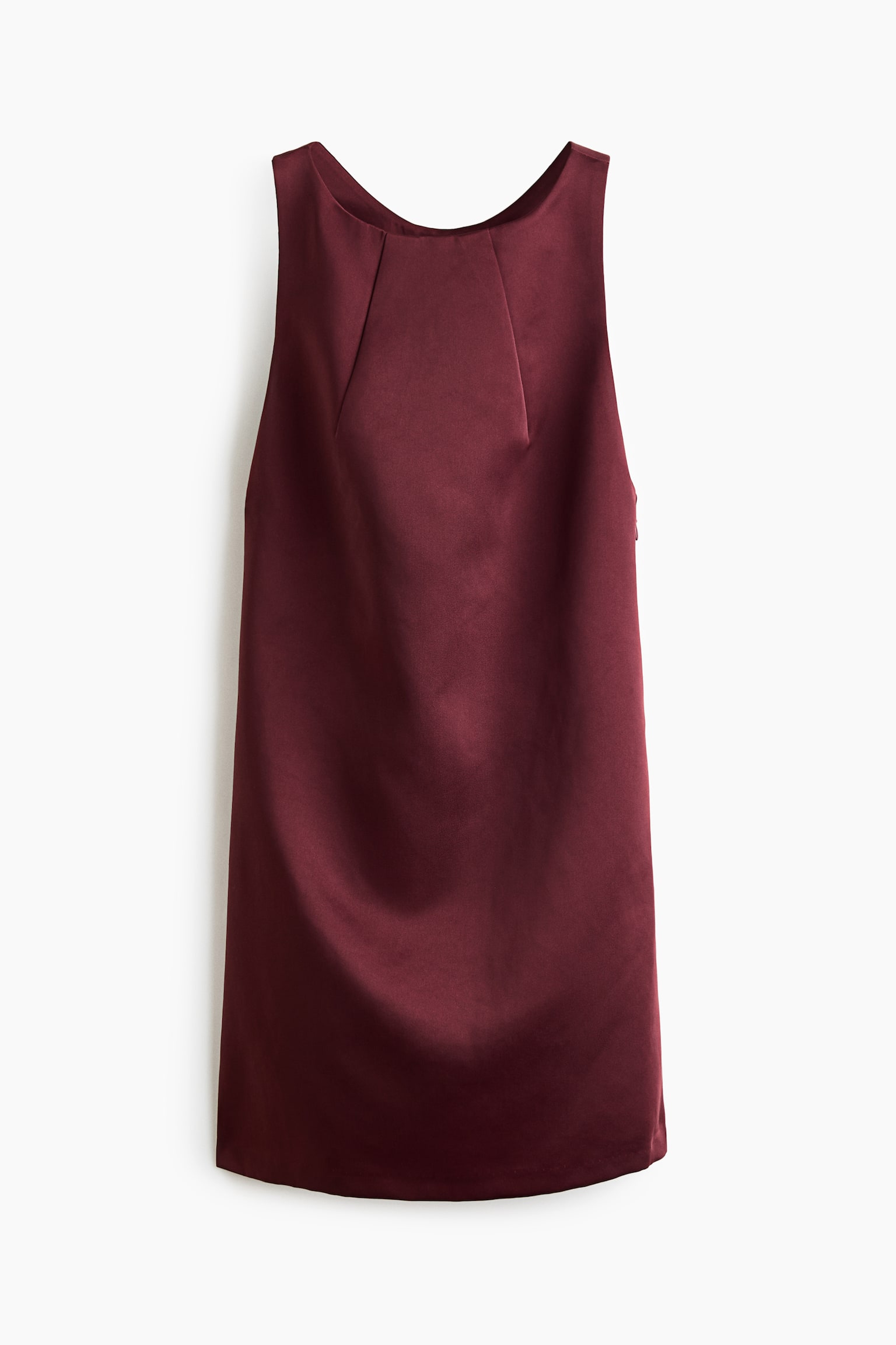 A burgundy satin sleeveless shift dress is shown from the front, featuring a high, curved neckline with two subtle front pleats. The dress falls into a loose, straight silhouette with a smooth, lustrous finish.