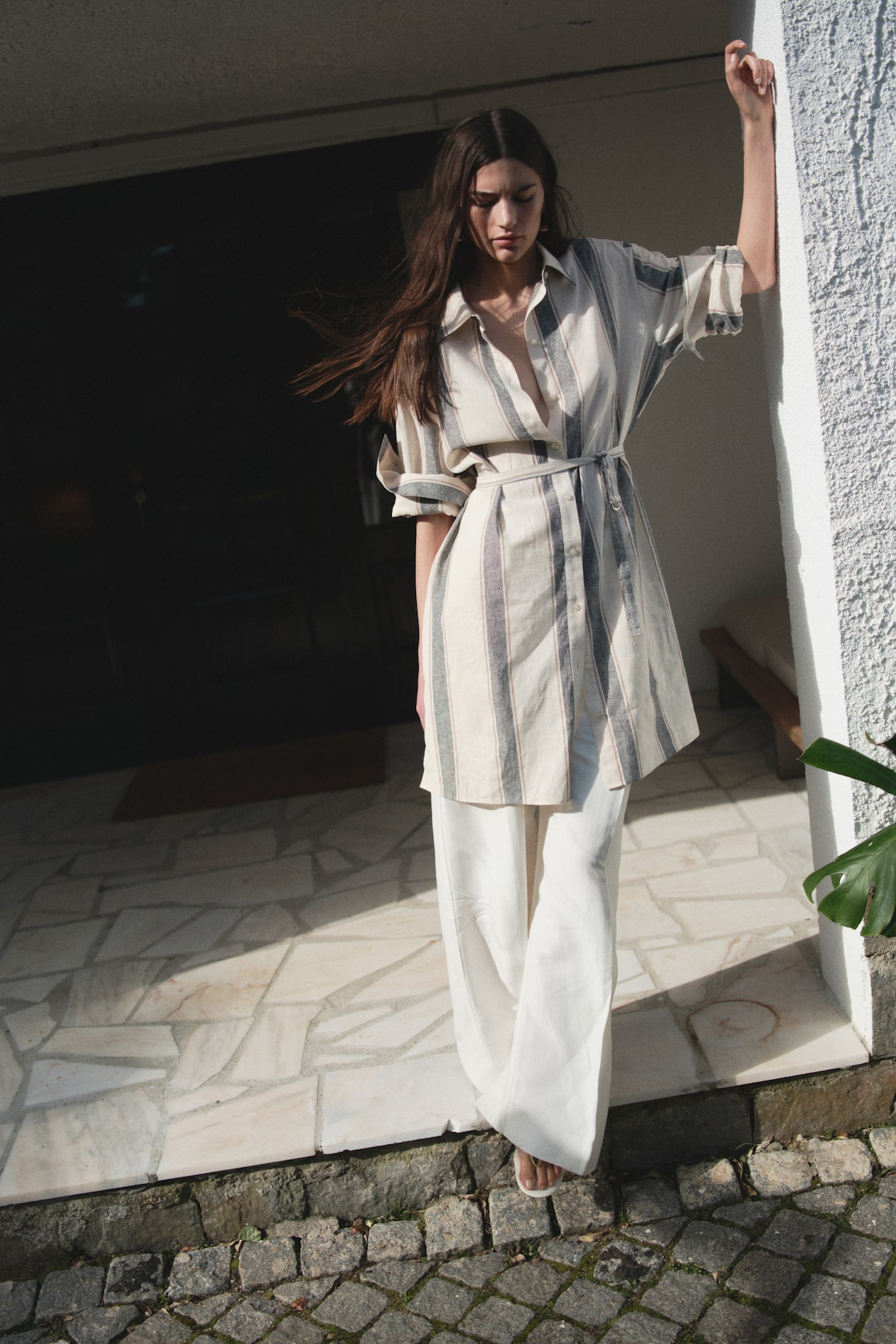 Linen-Blend Shirt Dress Light beige/black striped Ladies H&M PH