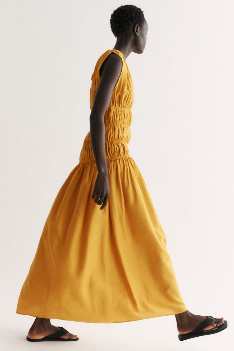 h&m yellow dress Ladies - Embroidered flared-skirt - Size: XS Women's Dark yellow Smocked Viscose-Blend
