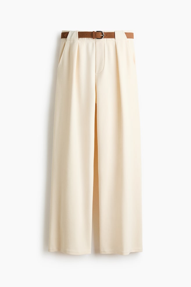 Pantalon en jersey point de Rome avec ceinture - Crème/Brun foncé - 1