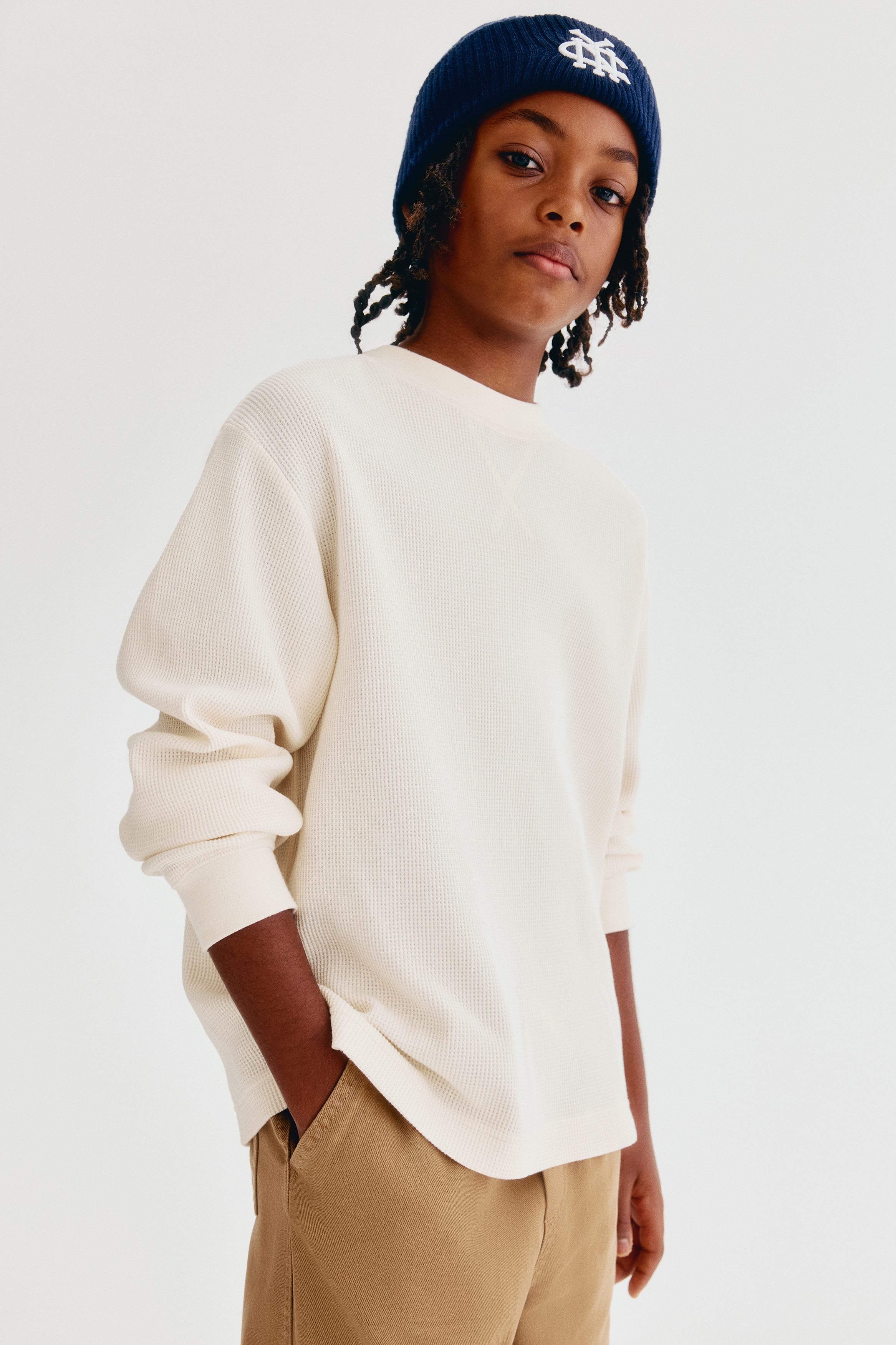 Waffled long-sleeved T-shirt - Cream/Dark brown