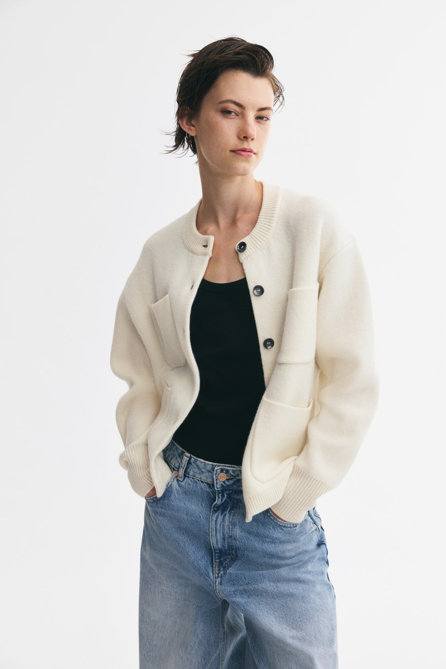 Wool-blend pocket-detail cardigan - Cream - 1