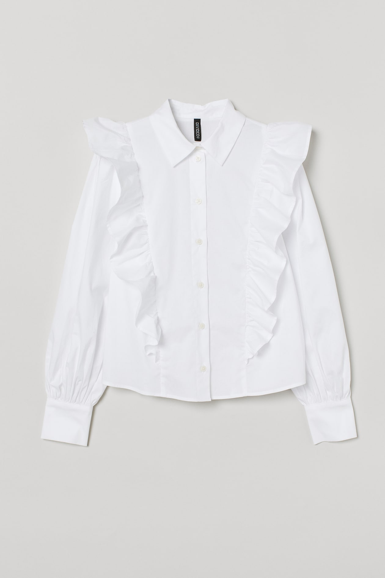 Ruffled Cotton Shirt - Long sleeve - Regular length - White - Ladies ...