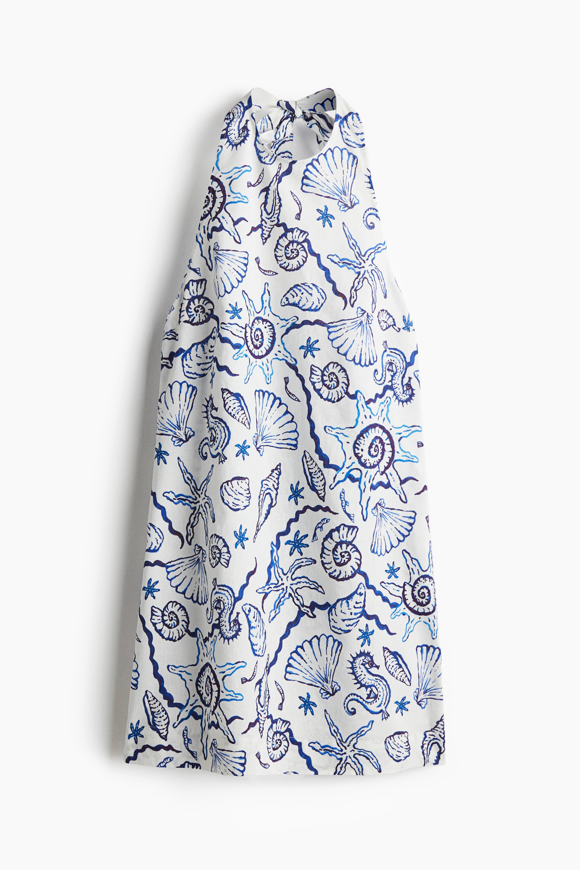 Robe dos nu en lin mélangé - Blanc/motif bleu/Bleu clair