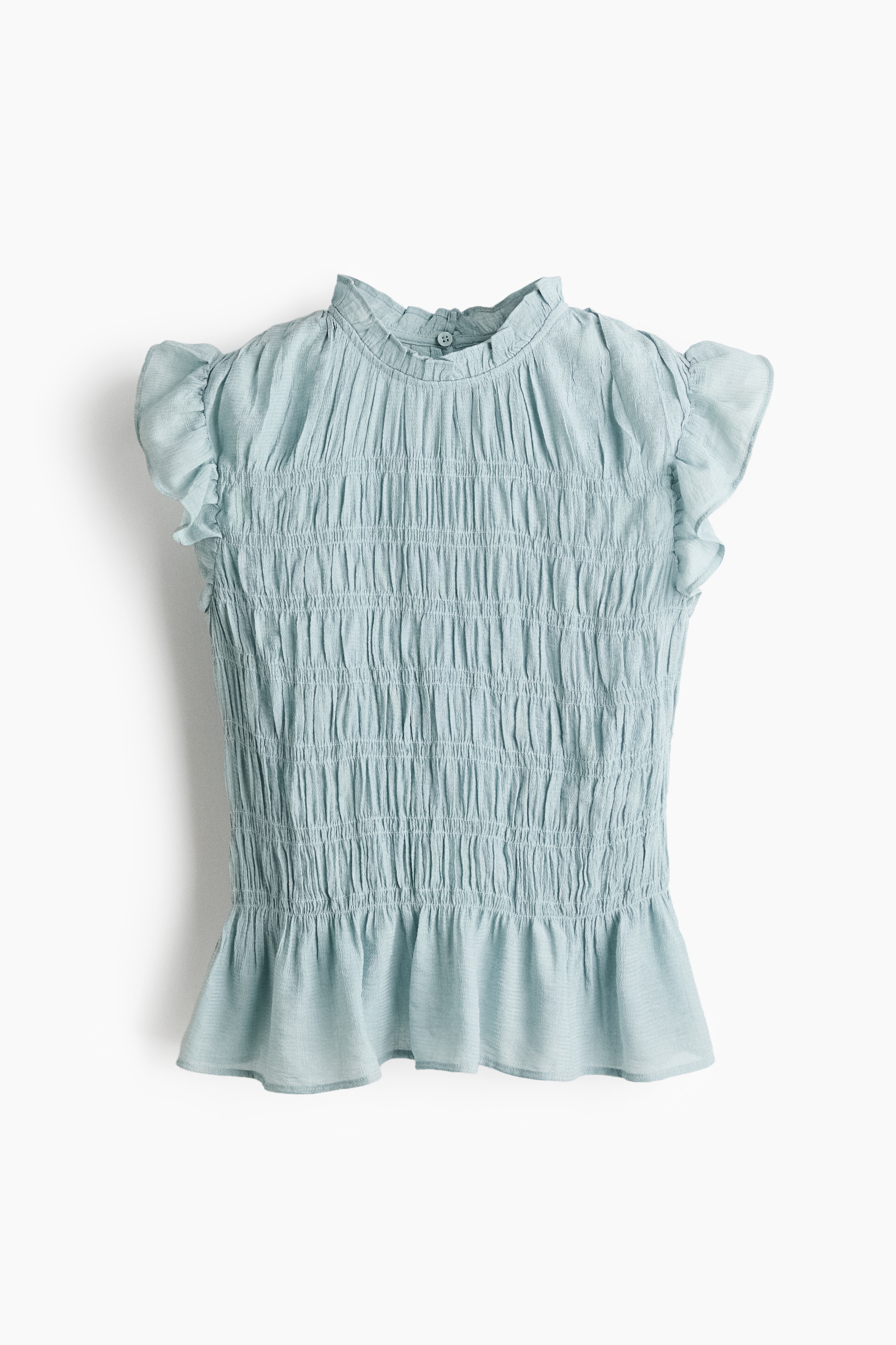 Peplumtop met smokwerk - Dusty lichtturkoois/Bruin/Wit