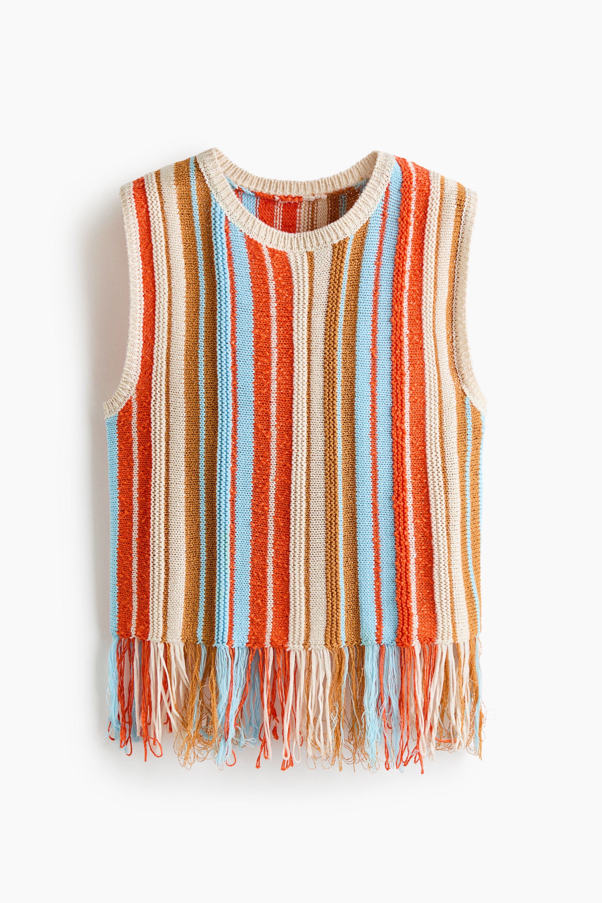 Fringe-Trimmed Knit Top - Orange/striped