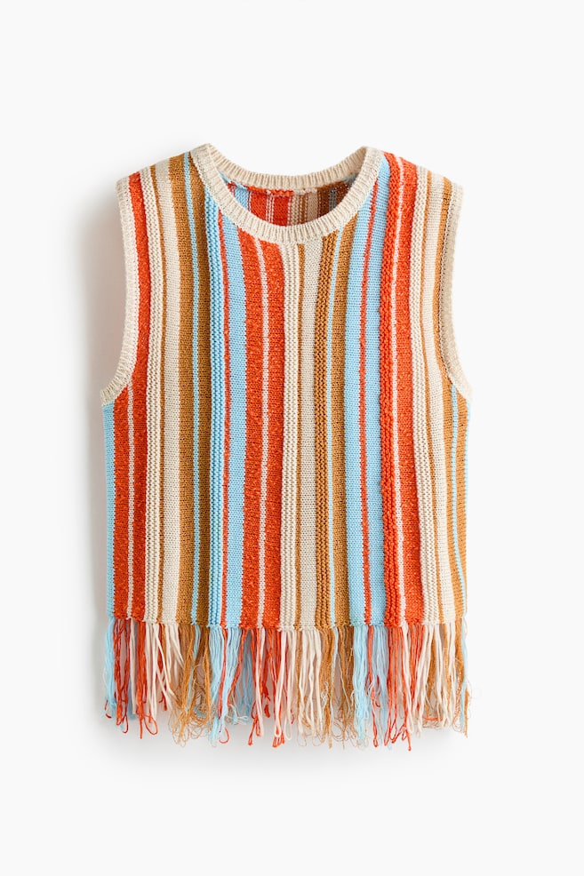 Fringe-Trimmed Knit Top - Orange/striped - 1