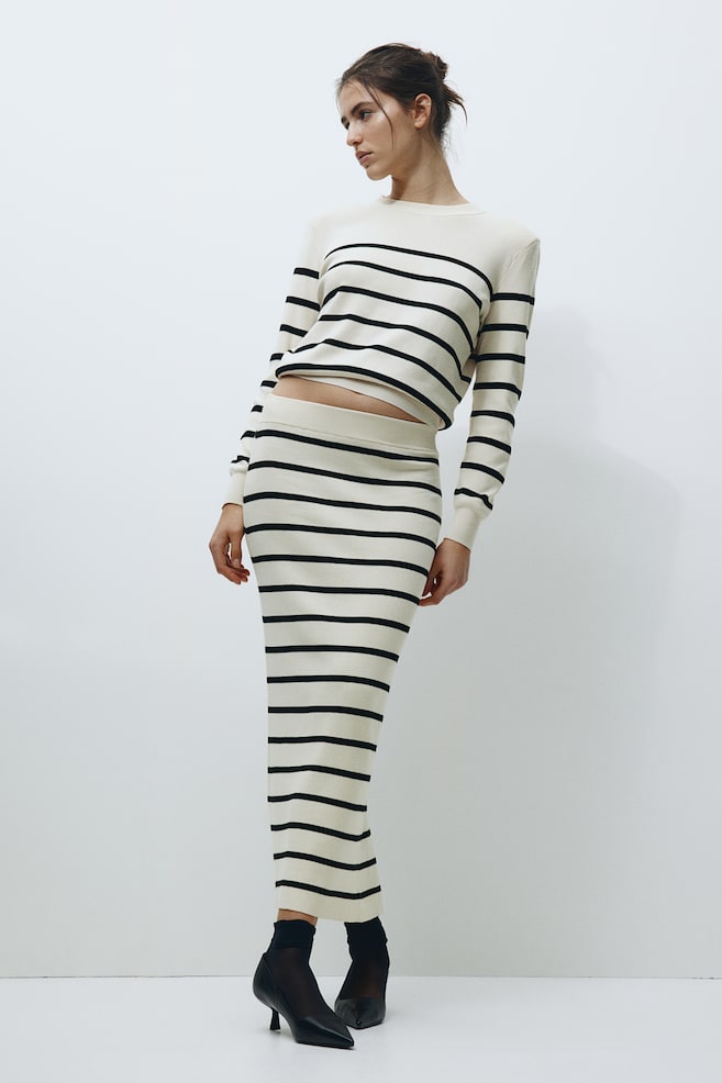 Rib-knit skirt - Cream/Black striped/Black - 1