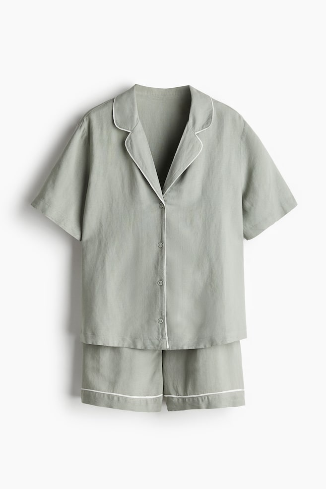 Linen-blend pyjamas - Light khaki green/White - 1