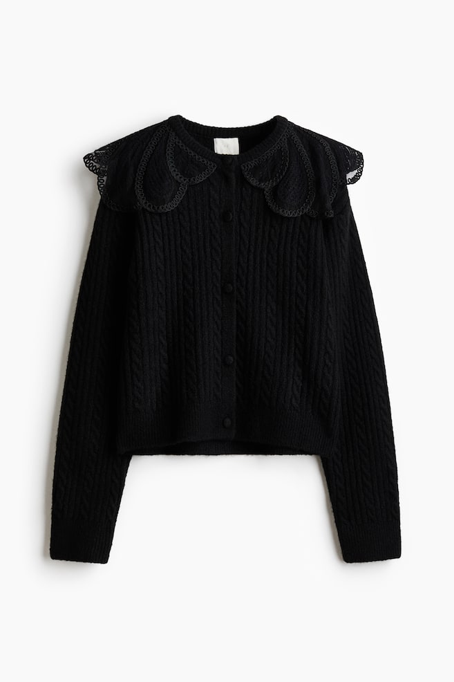 Lace-Collar Cardigan - Black - 1