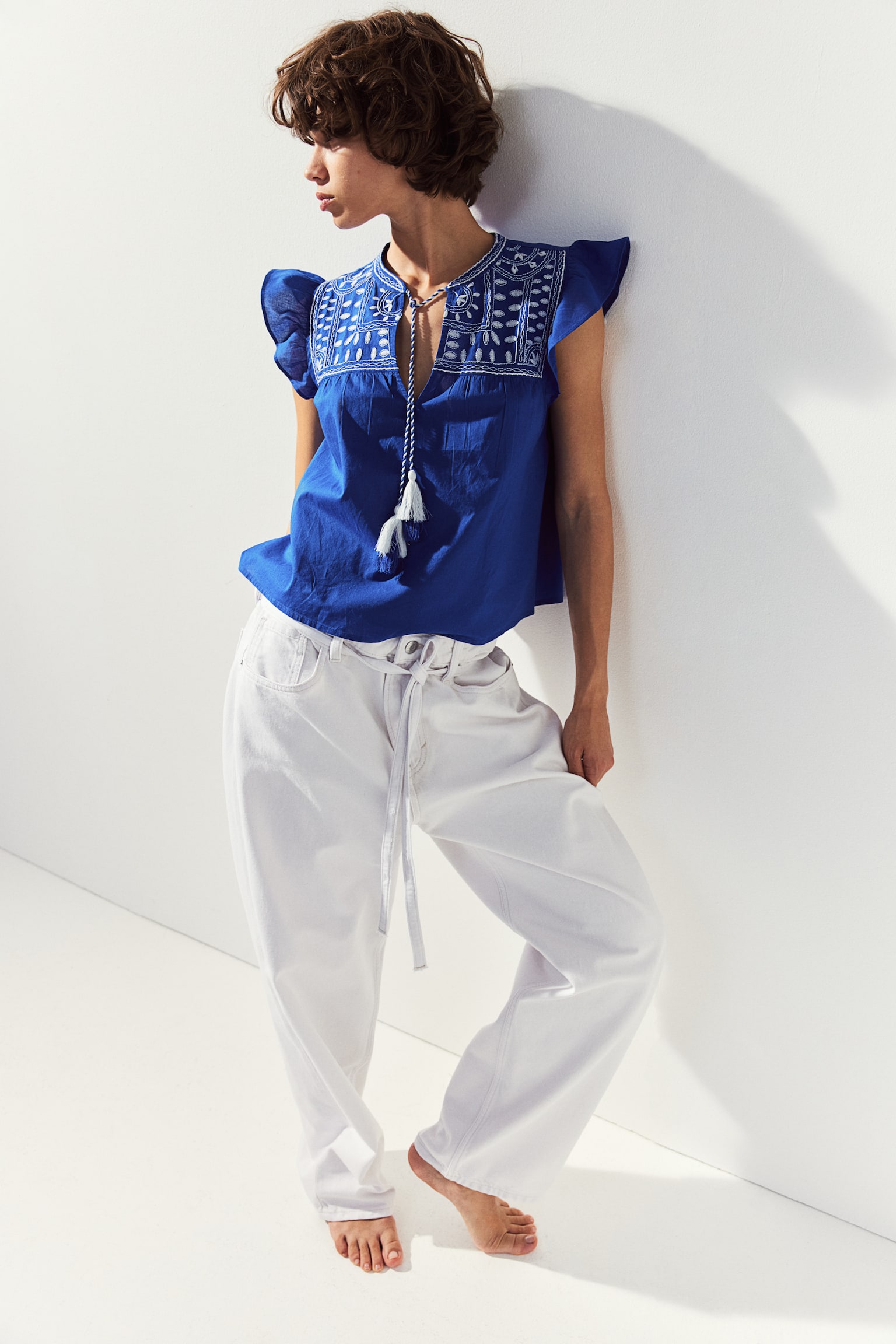 Embroidered Cotton Blouse - Blue/White/Black - 3