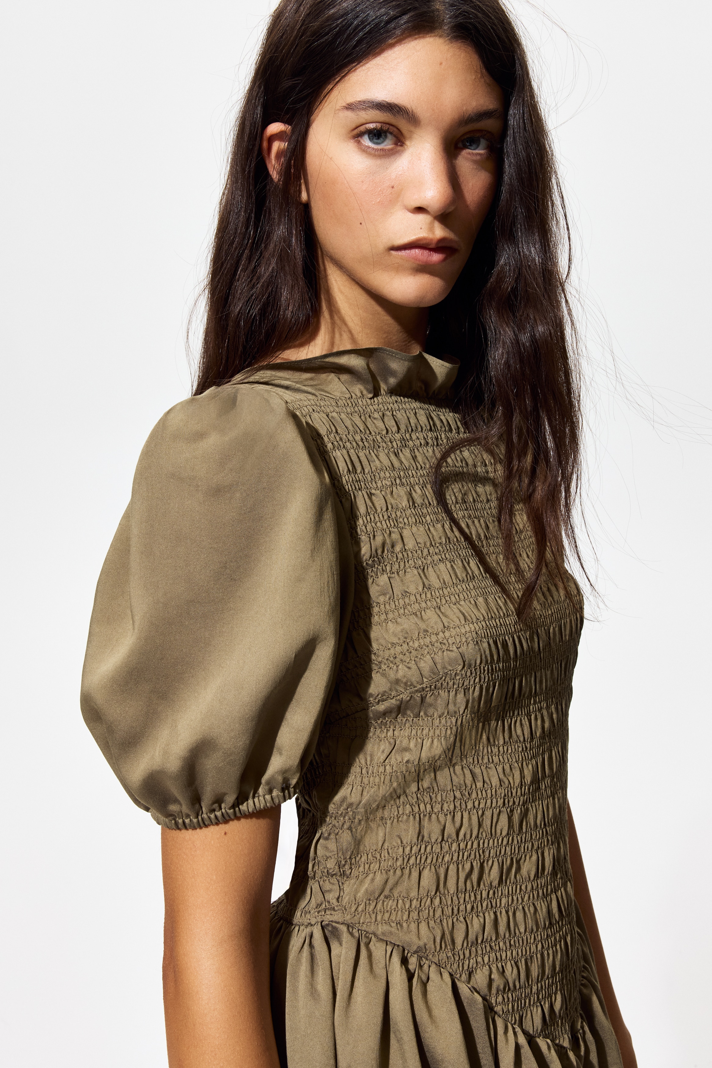 Women's Dark khaki green Smocked-Bodice Dress | H&M US Women's Dark khaki green Smocked-Bodice Dress | H&M US