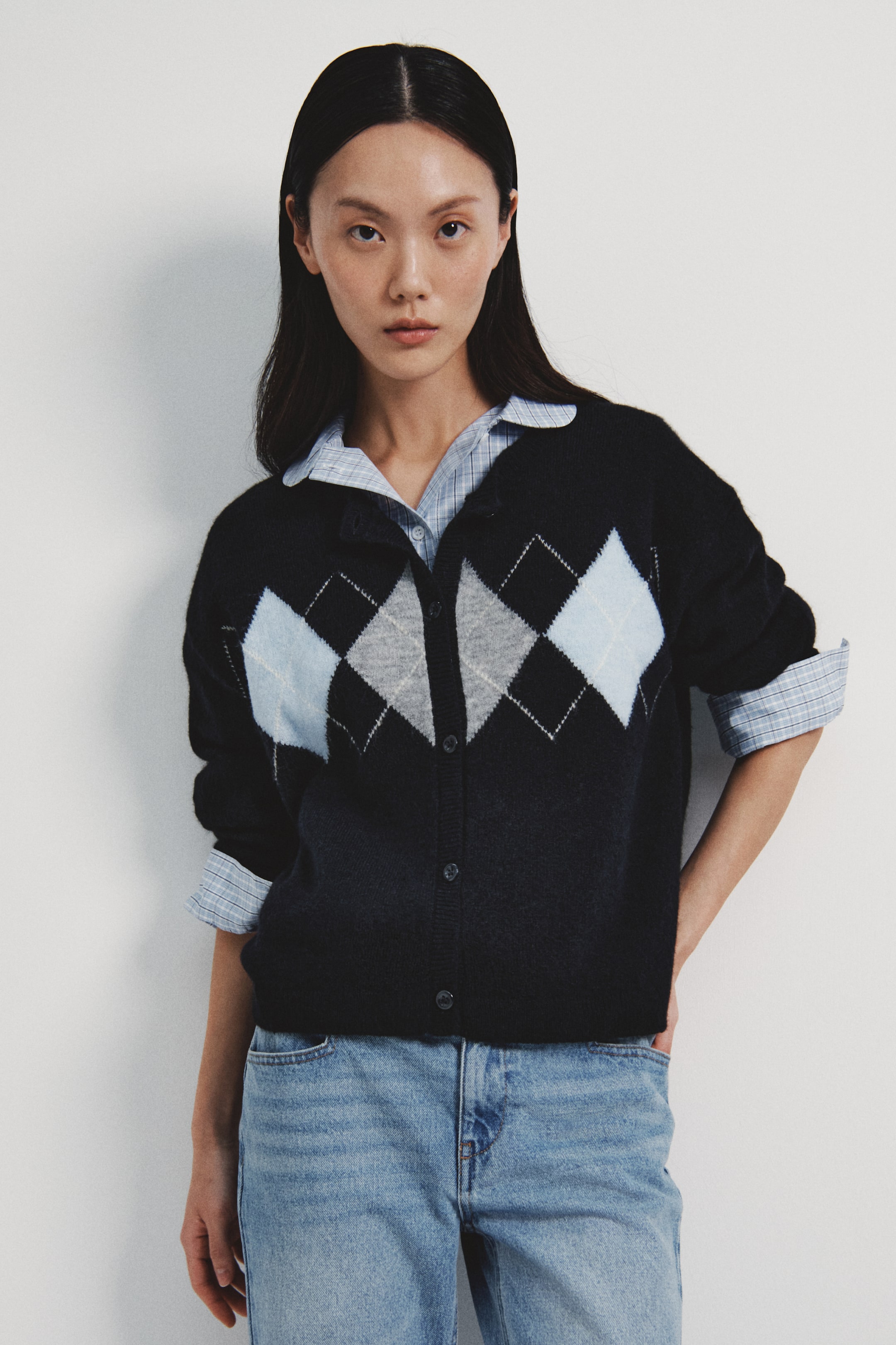 이미지 확대 보기: 자카드 니트 가디건 - 네이비 블루/아가일 패턴 - 여성 | H&M KR 2