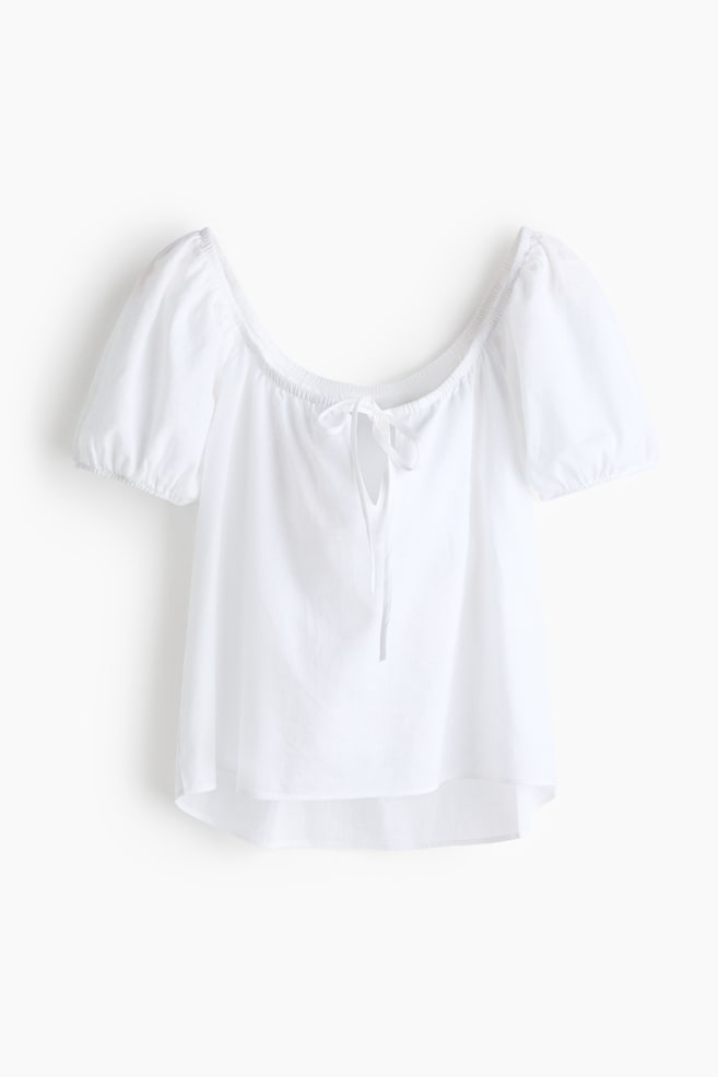 Puff-sleeved linen-blend blouse - White/Rust brown - 1