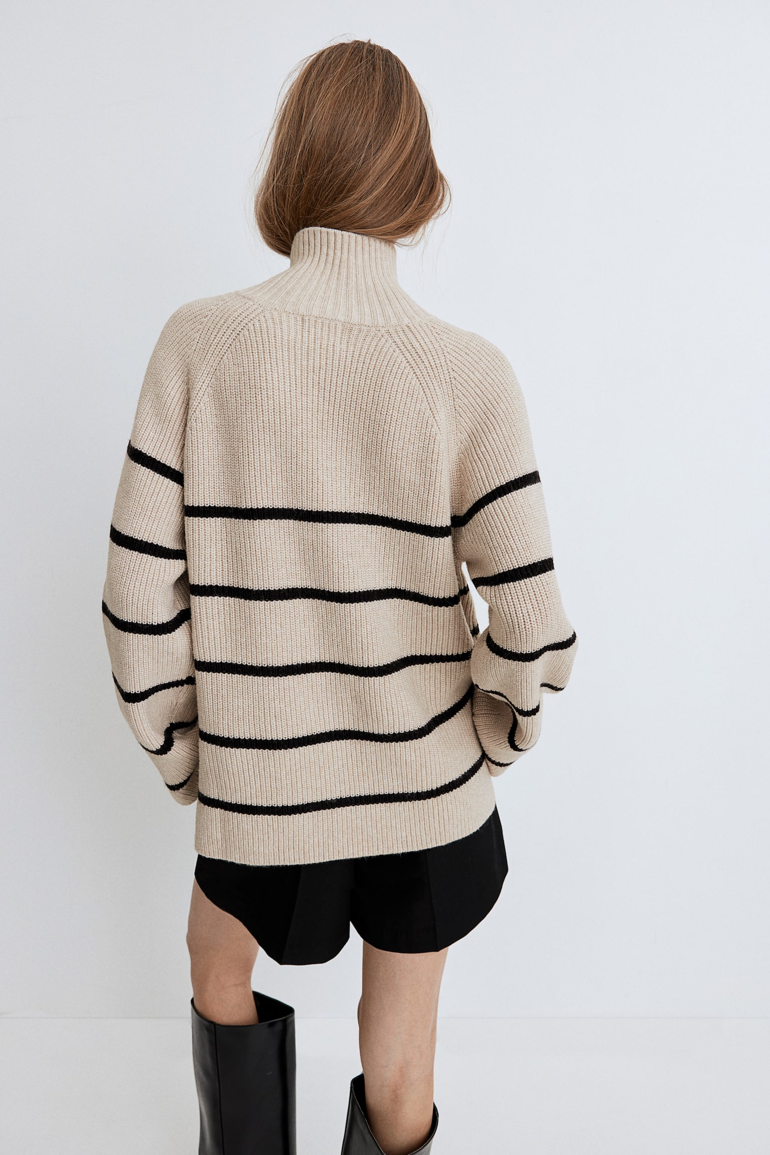 Zip-top rib-knit jumper - Light beige/Striped/Cream - 4