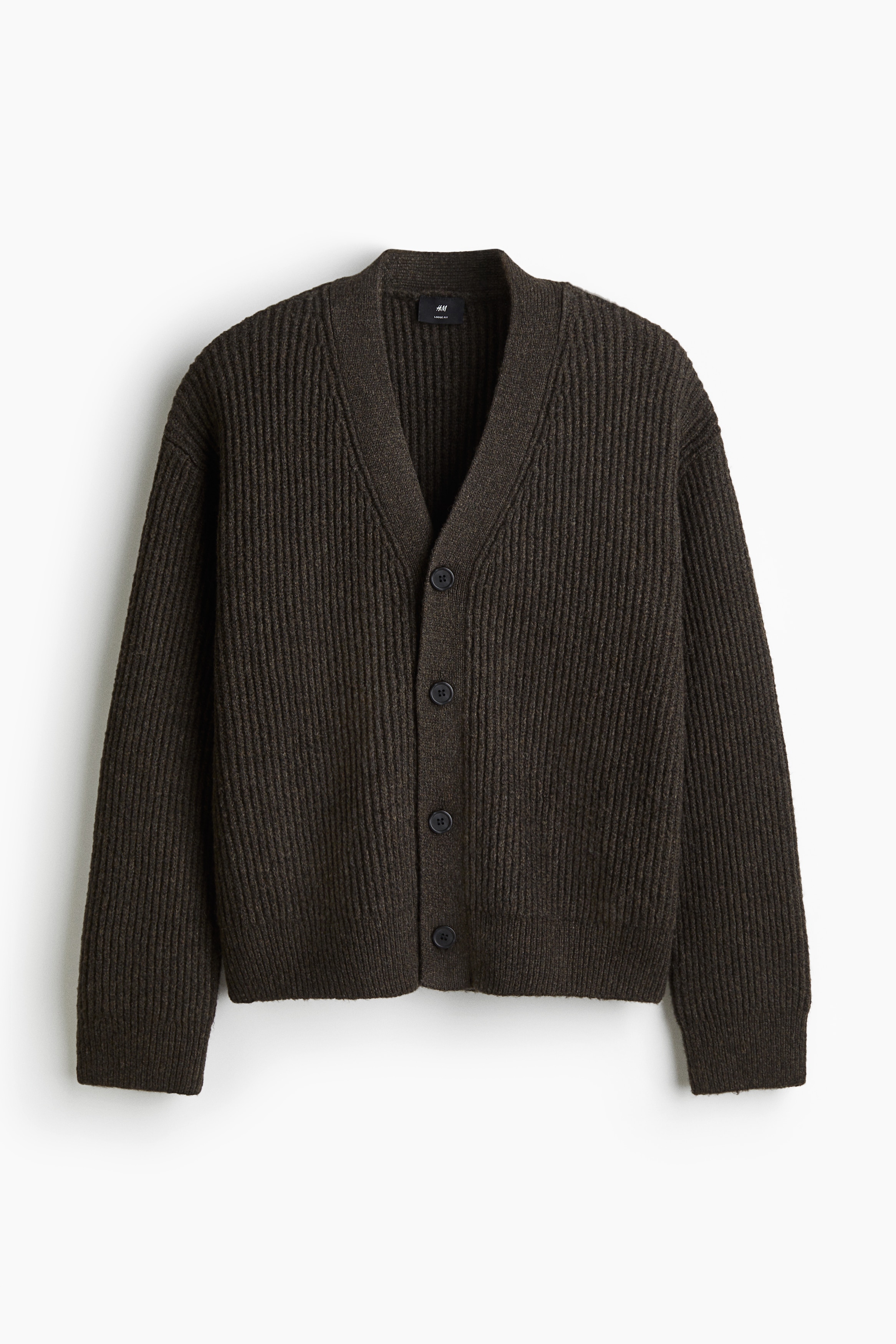 Loose Fit Rib-knit cardigan - Dark khaki green/Beige/Khaki green