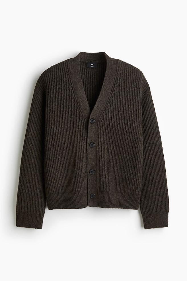 Loose Fit Rib Knit Cardigan - Dark khaki green/Beige - 1
