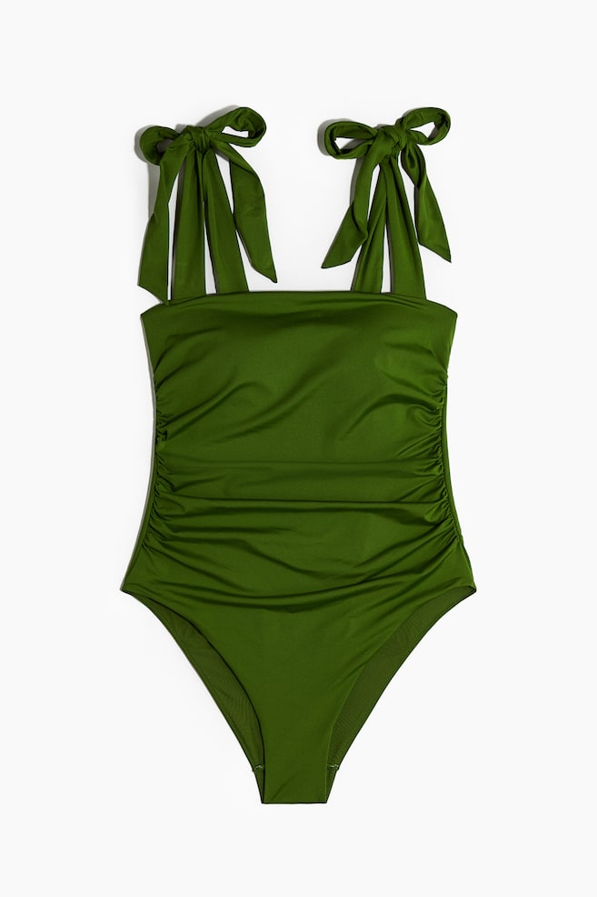 Padded-Cup Tie-Shoulder-Strap Swimsuit - Dark green - 1