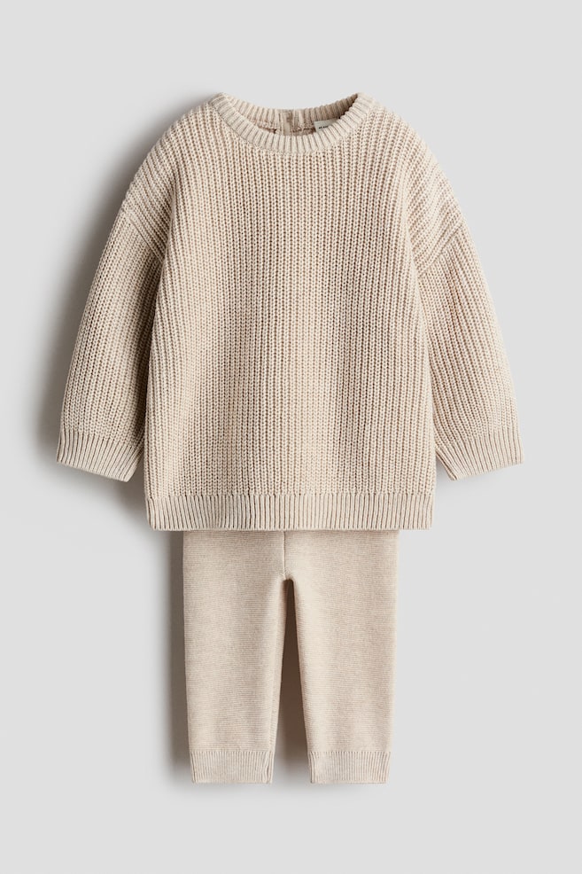 2-piece Cotton Knit Set - Light beige/Turquoise/Light brown/Khaki green/Navy blue/white striped - 1