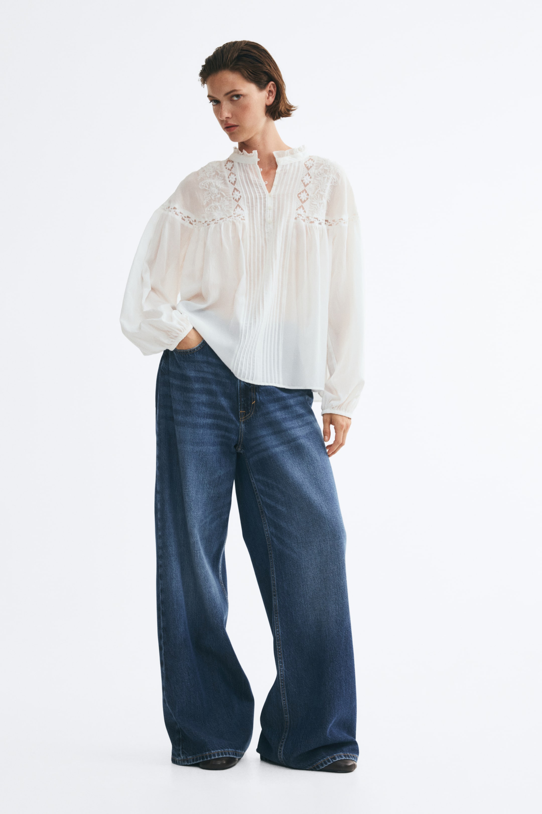 Lace-Inset Balloon-Sleeved Blouse