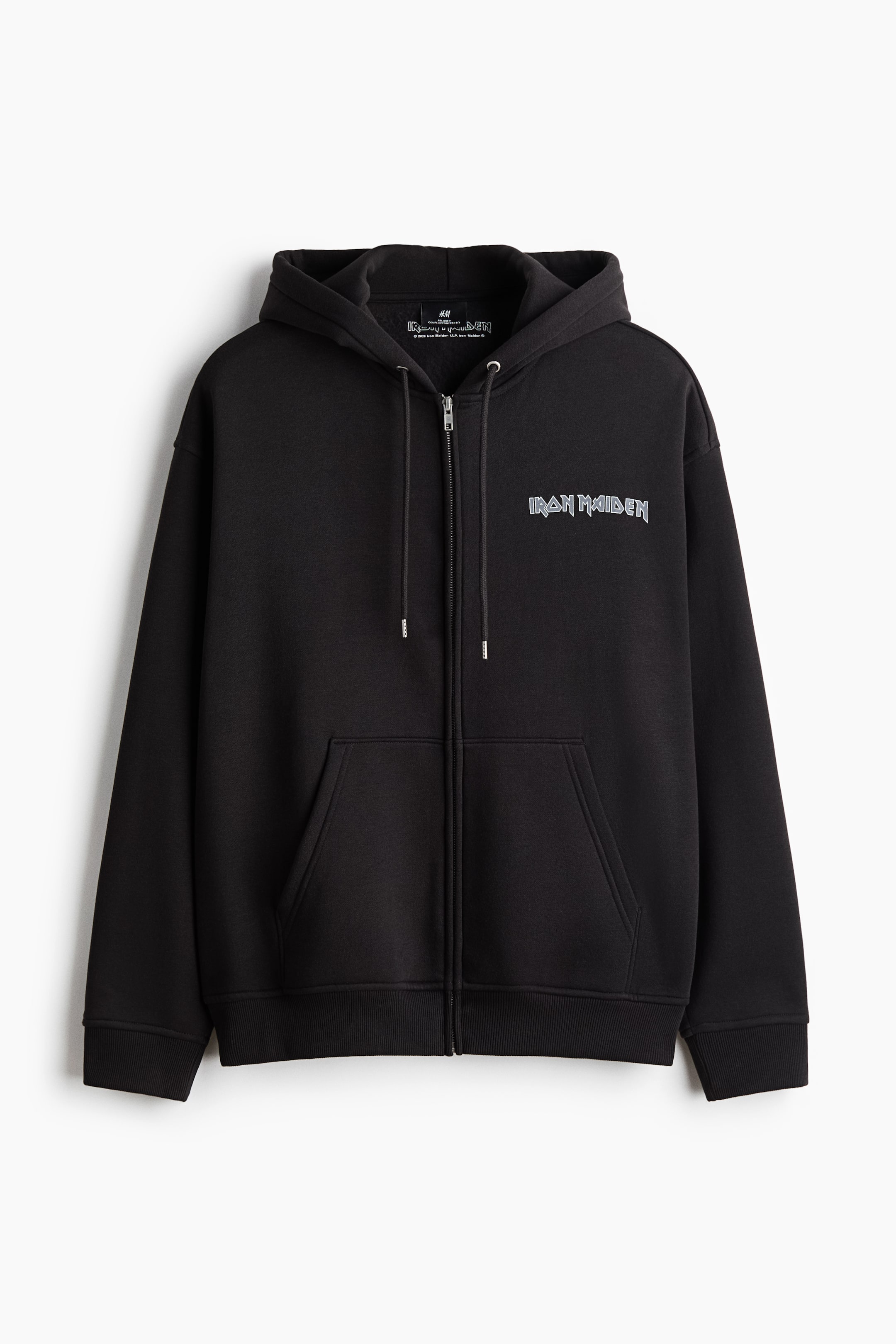 View larger image: A black zip-up hoodie is shown from the front, featuring a full-length zipper, an attached hood with drawstrings, and a split kangaroo pocket. 'IRON MAIDEN' appears on the left chest, and the cuffs and hem are ribbed.