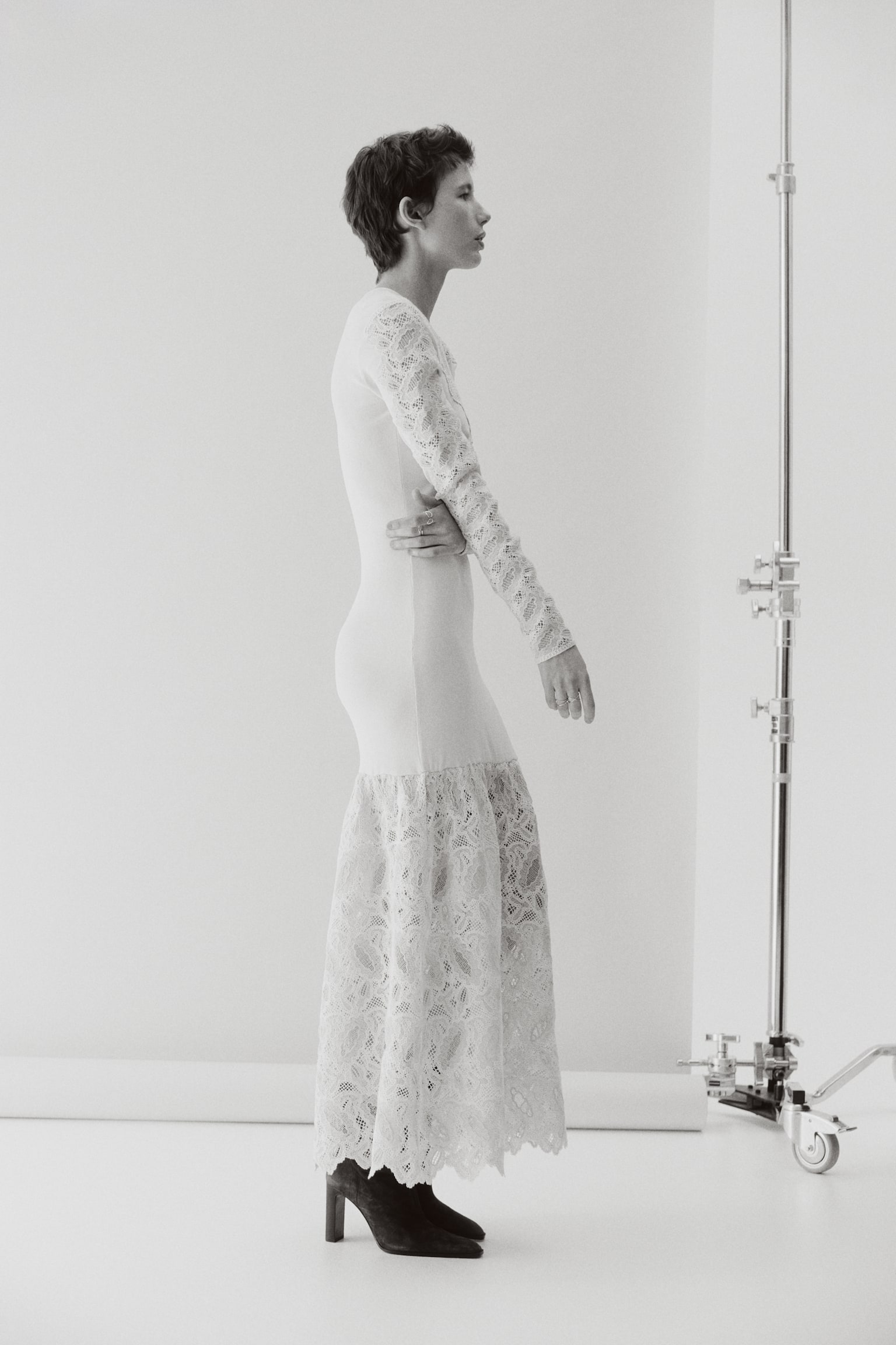 Ribbed lace-detail dress - Light beige - 4