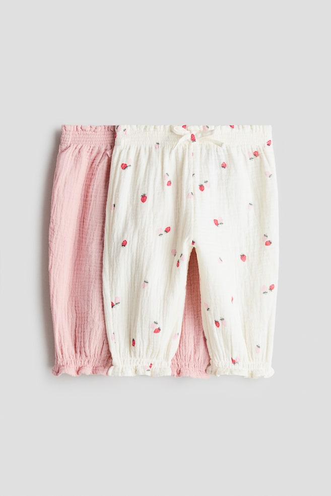 2-pack cotton muslin trousers - White/Strawberries/Light pink/Hearts - 1