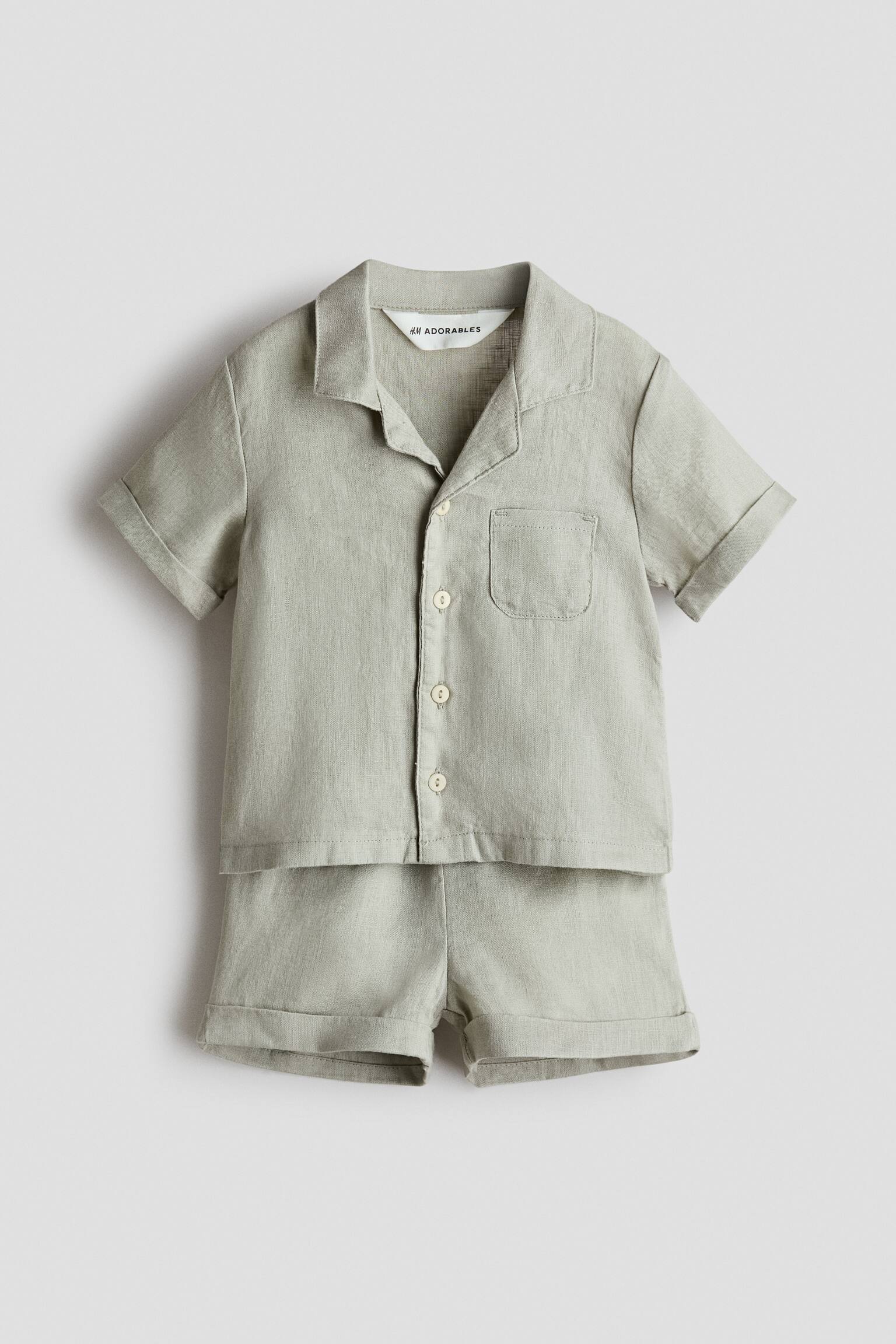 Conjunto de 2 piezas en lino - Verde caqui claro/Beige claro/Café