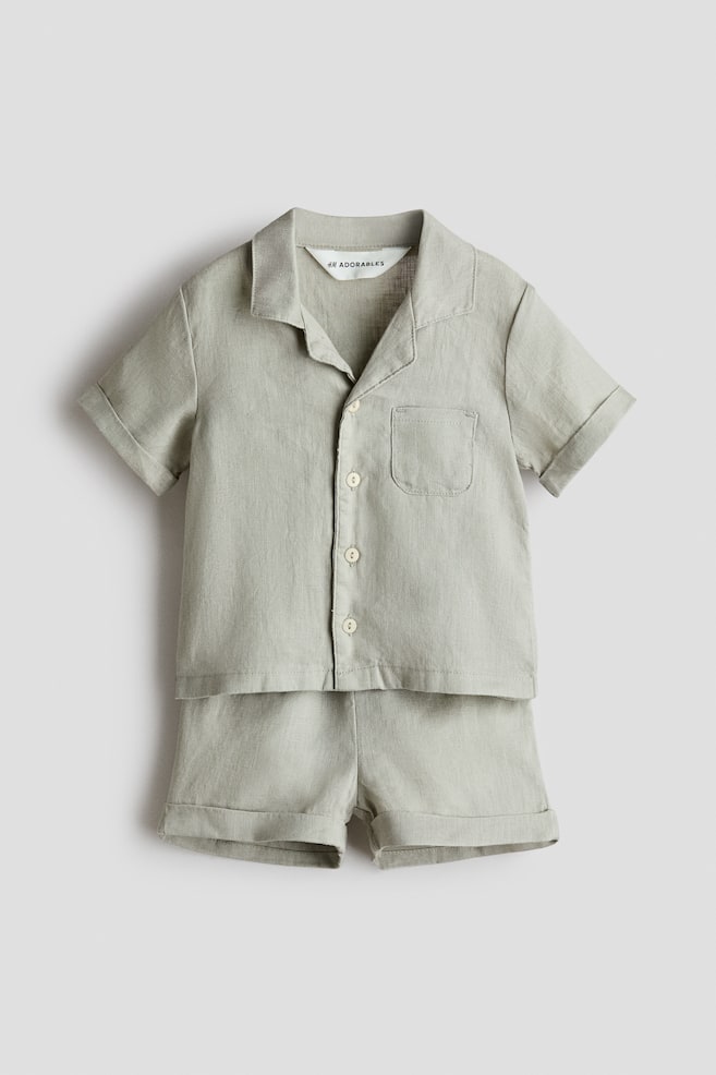 2-piece linen set - Light khaki green/Light beige - 1
