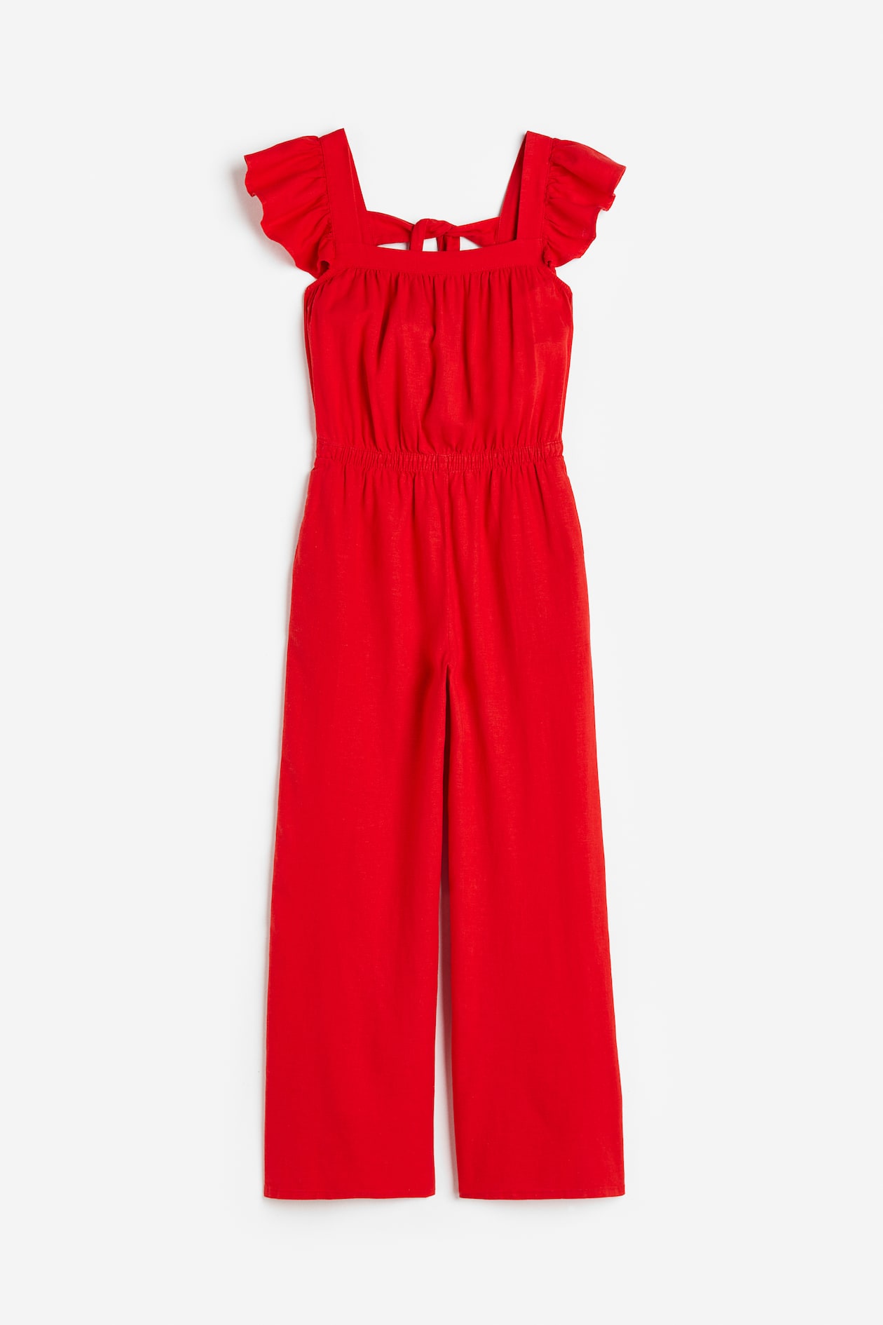 Linen-blend Jumpsuit - Square Neckline - Short sleeve - Red - Ladies ...