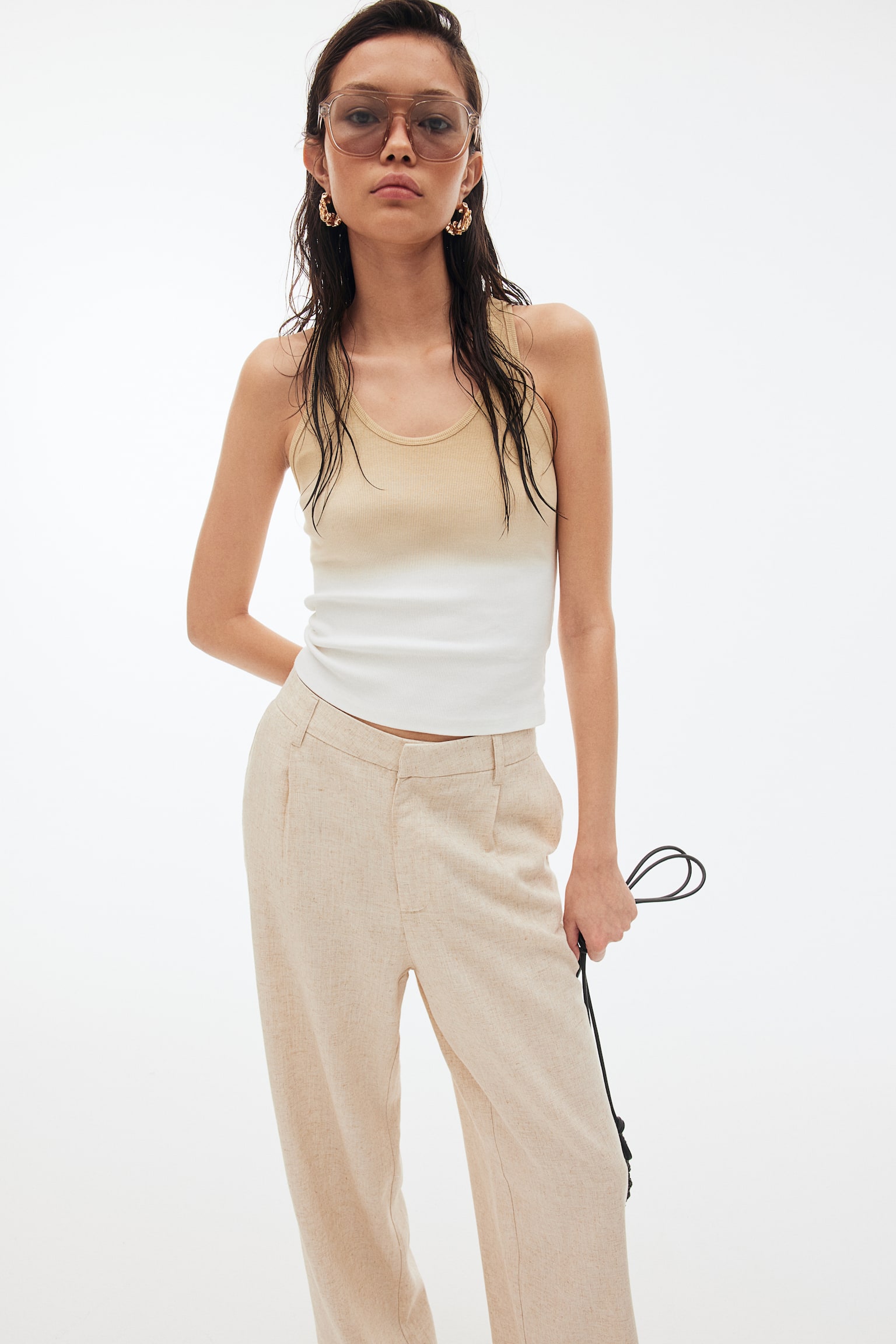 Linen Blend Tailored Pants - Light beige/Black - 5