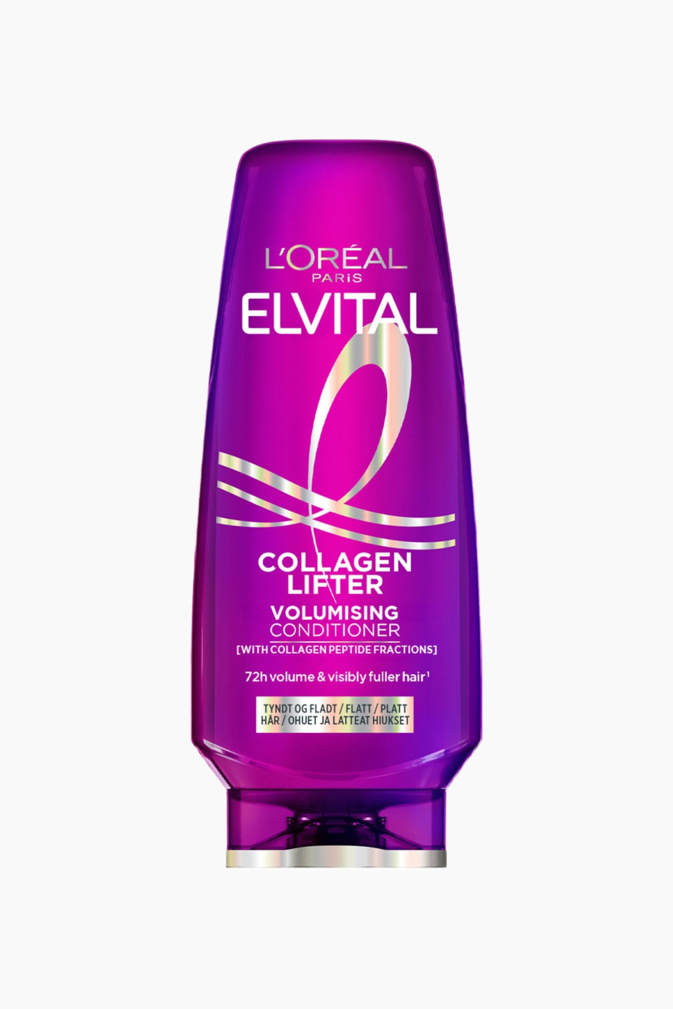 Vis større bilde: En livlig lilla flaske med L'Oréal Elvital Collagen Lifter Volumising Conditioner står oppreist, vendt fremover. Den har en avsmalnende form med en sølvfarget base og fremtredende hvit og sølv tekst som beskriver produktnavnet og fordelene.
