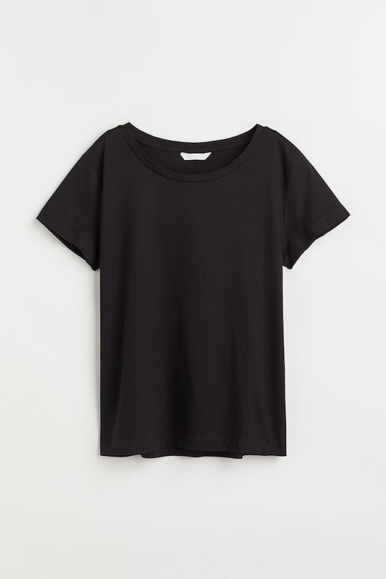 Cotton T-shirt - Round neck - Short sleeve - Black - Ladies | H&M GB