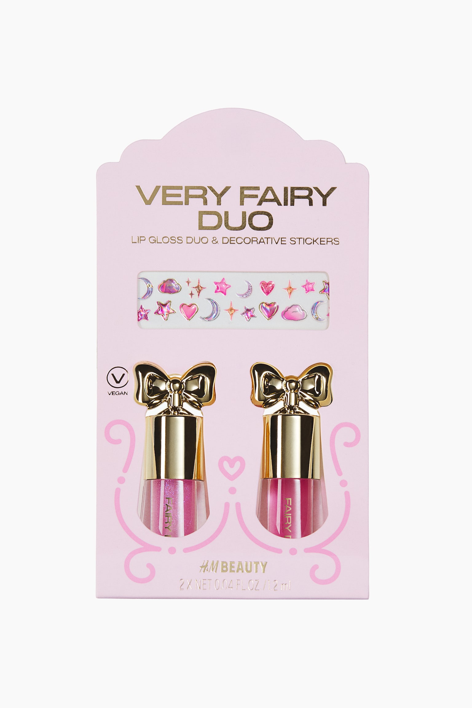 A lip gloss duo set is displayed from the front, showcasing two pink lip glosses with metallic gold, bow-shaped caps and a strip of 3D decorative stickers. The left gloss features a shimmery pink finish, while the right gloss presents a solid pink finish, both packaged together on a light pink cardboard backing.