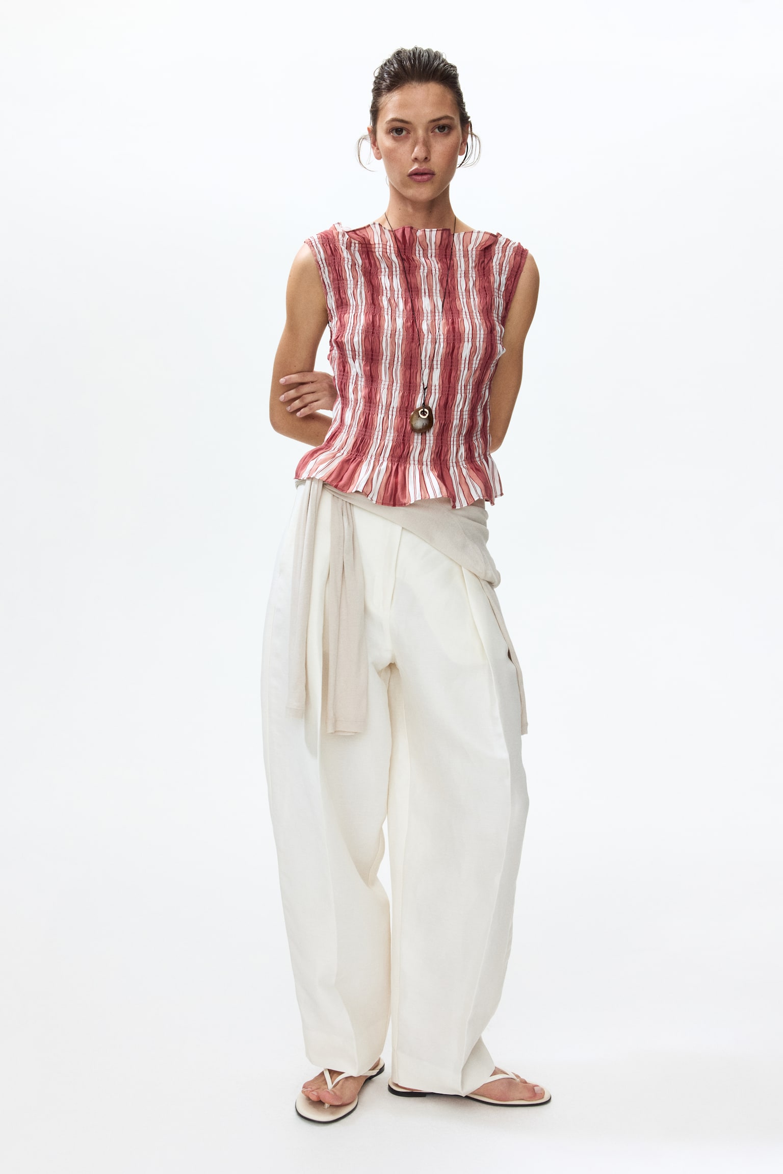 Top smocké en viscose-Rouge/rayé - 1