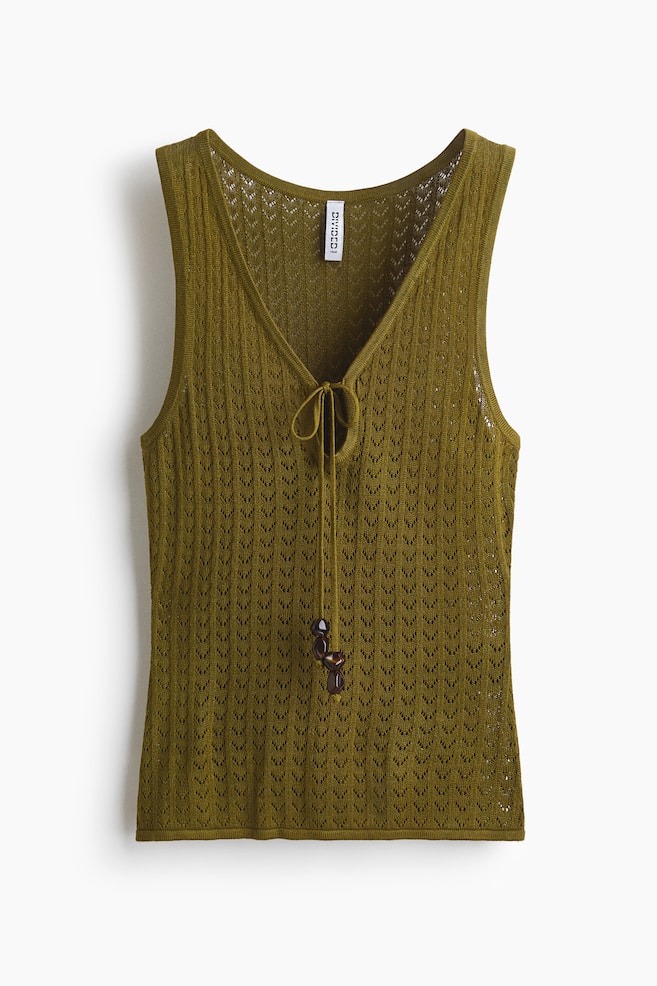 Pointelle-Knit Tie-Detail Top - Olive green/Light beige/Dark brown - 1