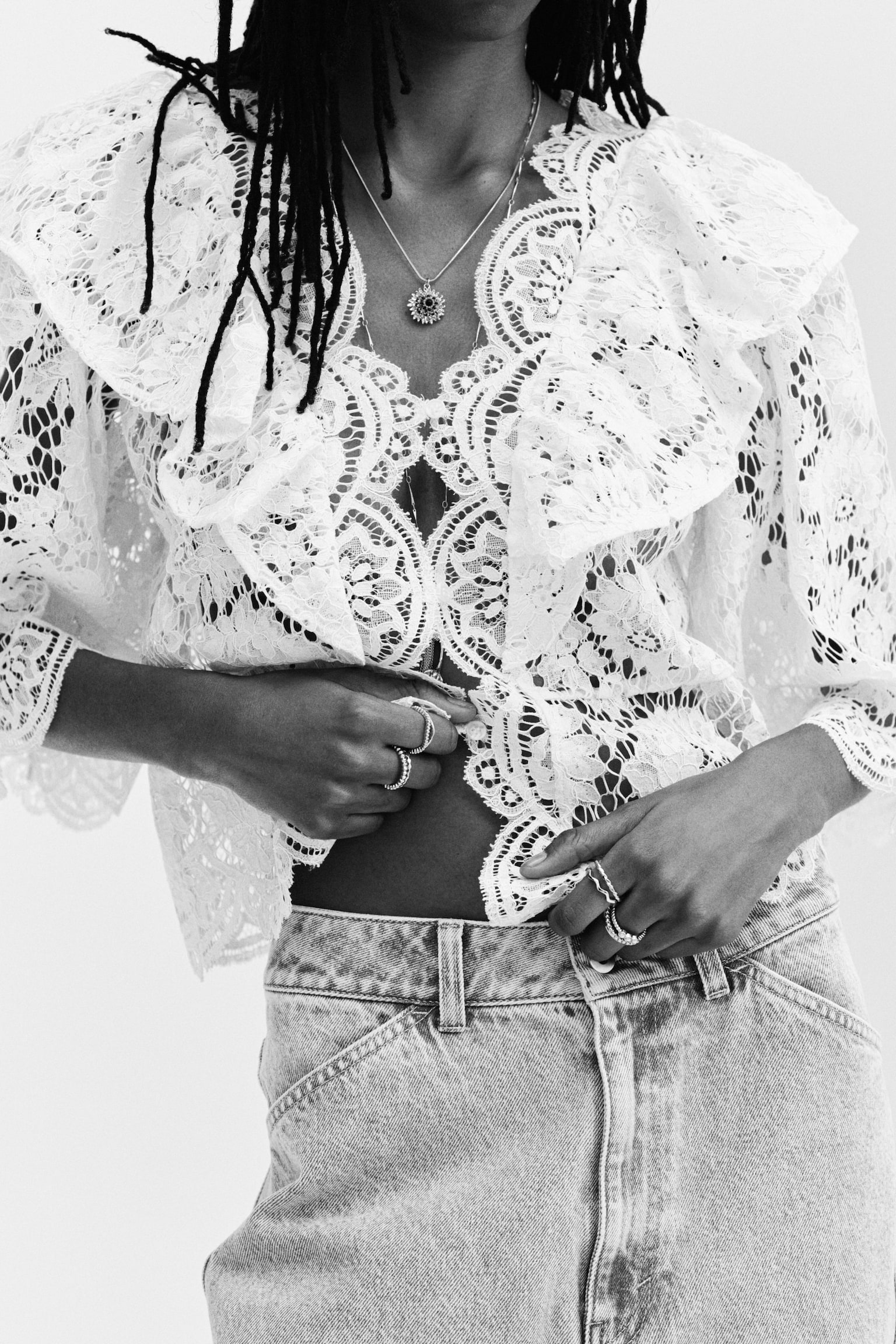 Flounce-trimmed lace blouse - Cream - 7