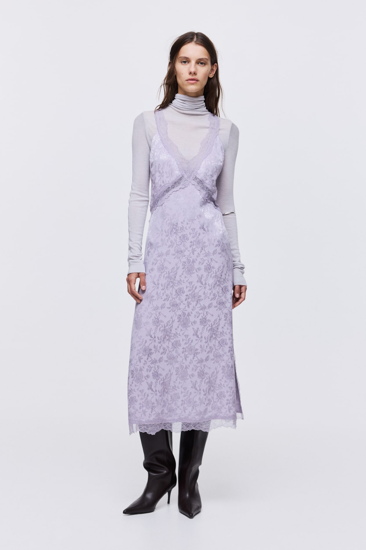 Jacquard-Weave Dress with Lace Insets