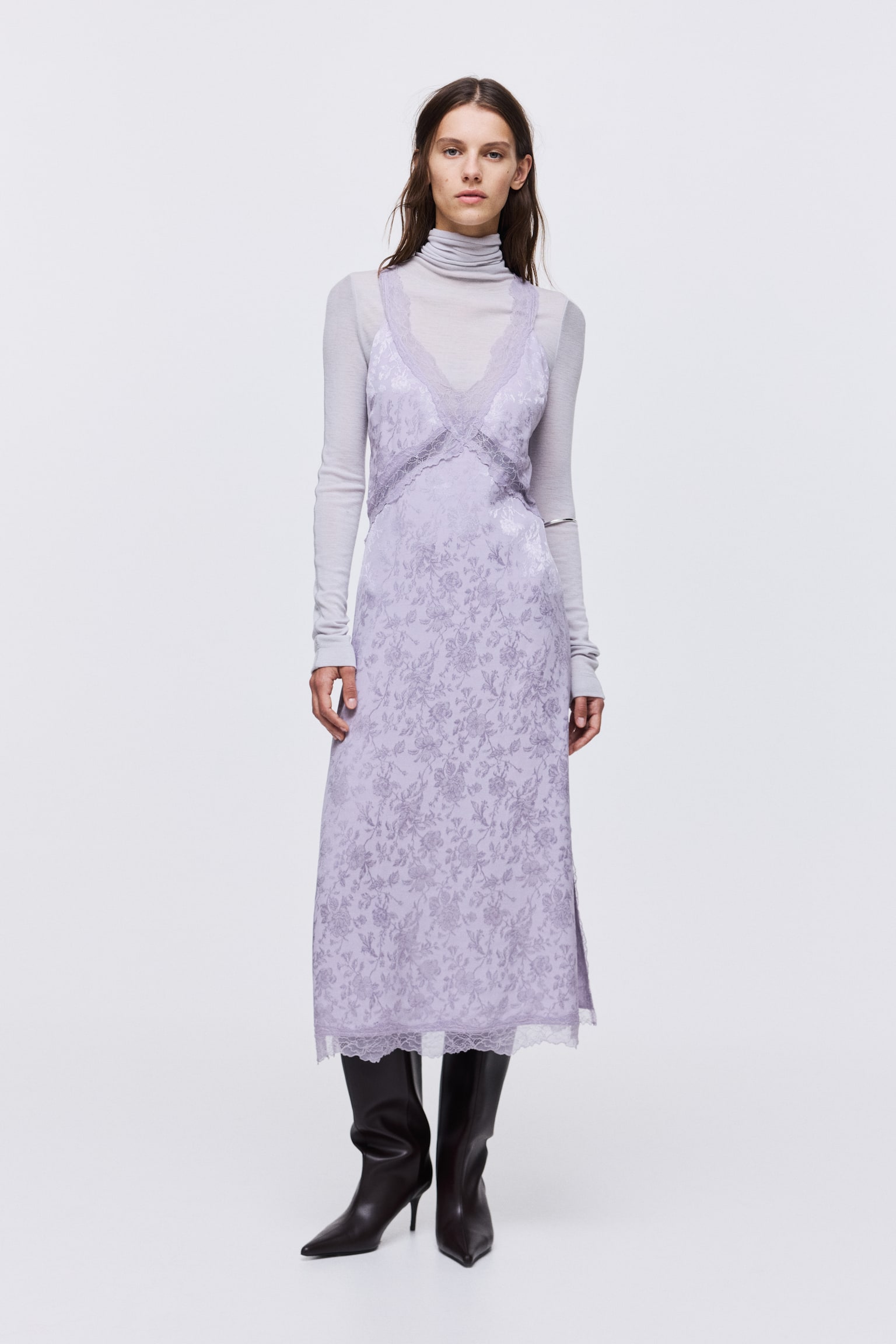 Lace-inset jacquard-weave dress - Lilac - 1