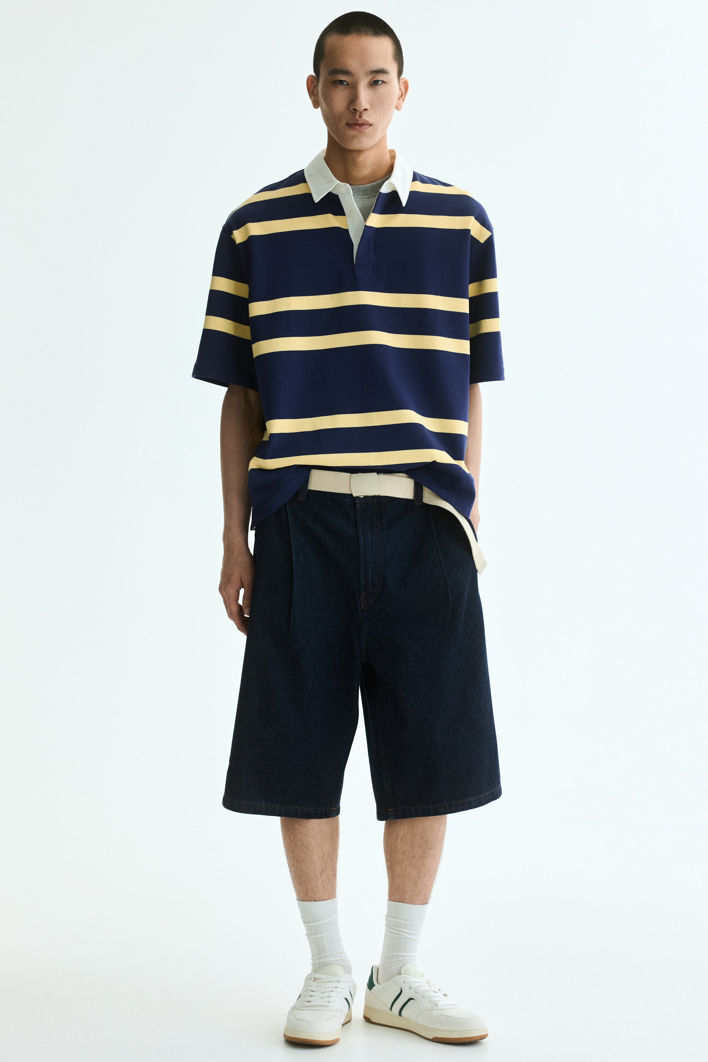 Loose-Fit Cotton Rugby Shirt - Dark blue/striped/Burgundy/striped/White/striped