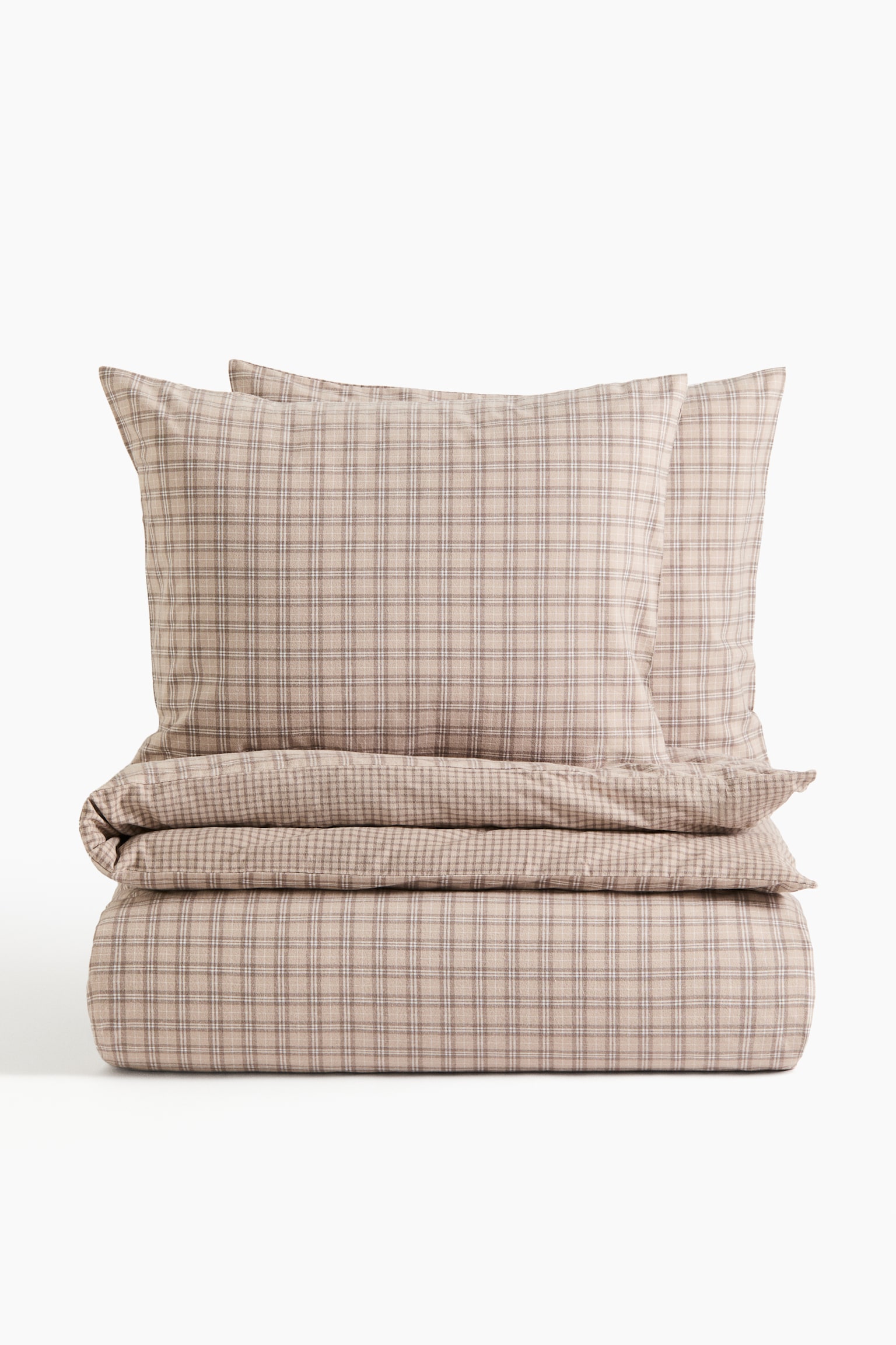 Flannel King/Queen Duvet Cover Set - Light taupe/checked