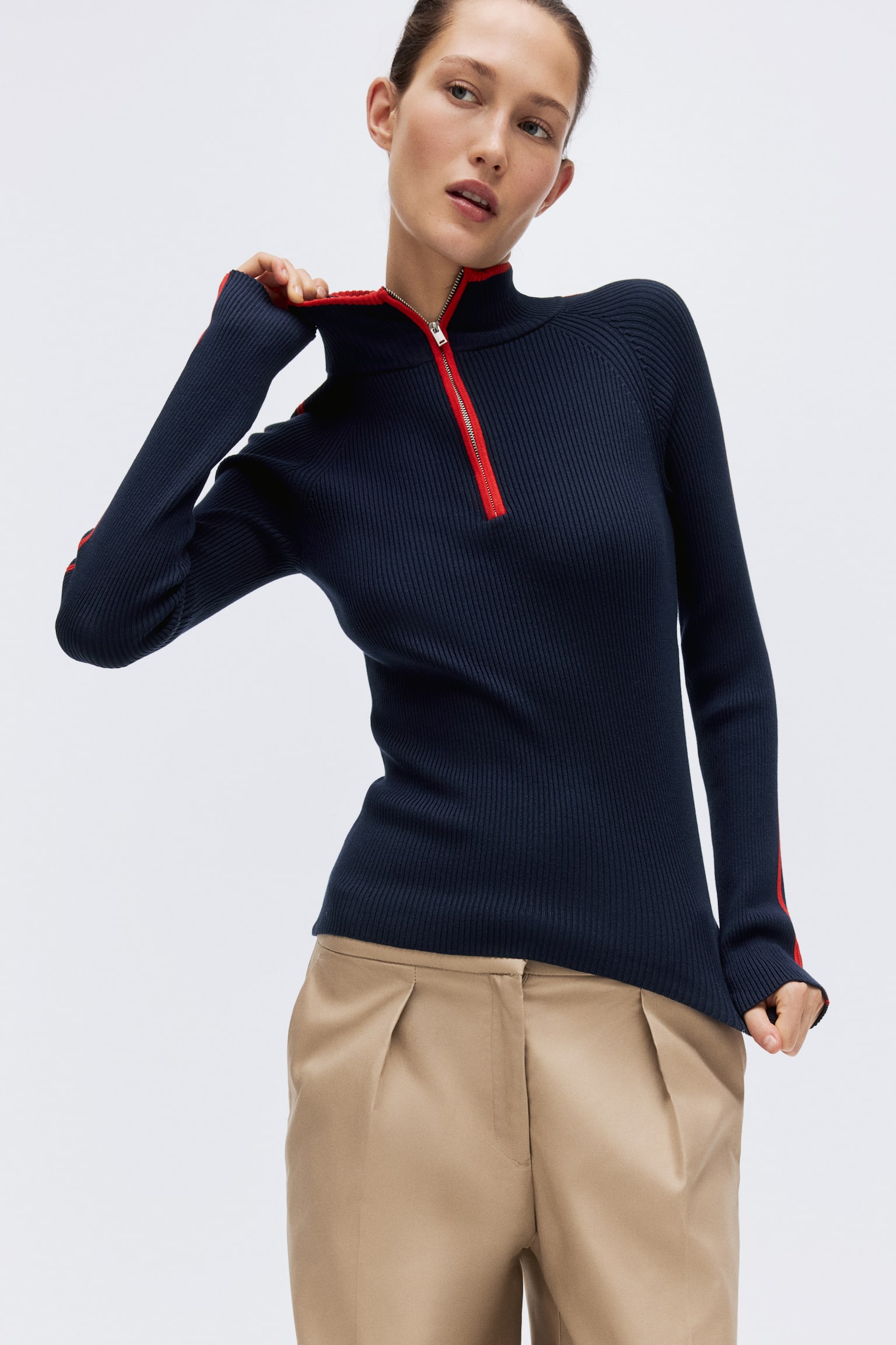 Rib-knit zip-top jumper - Marineblau/Beige - 3