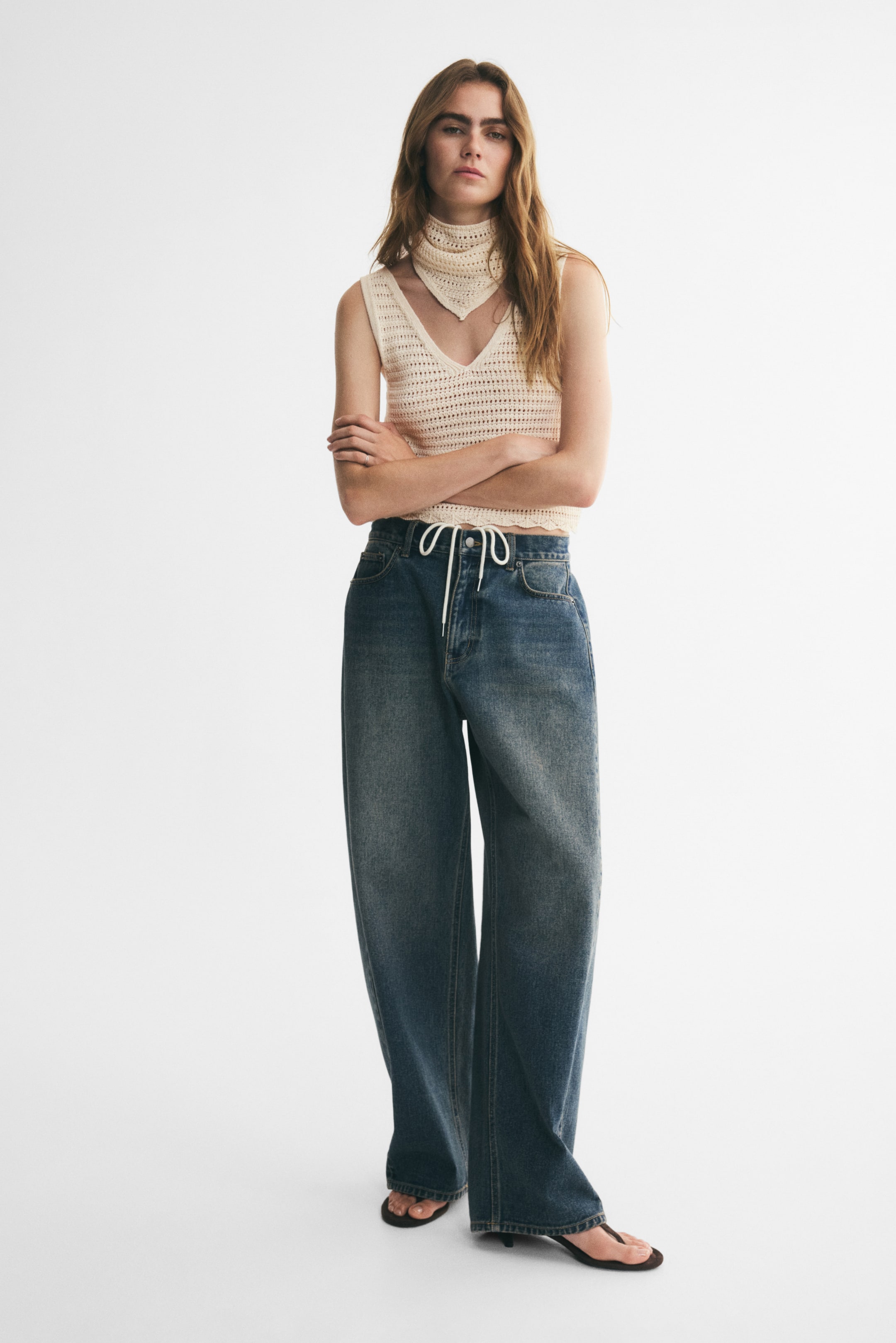 Pointelle-Knit Top with Scarf