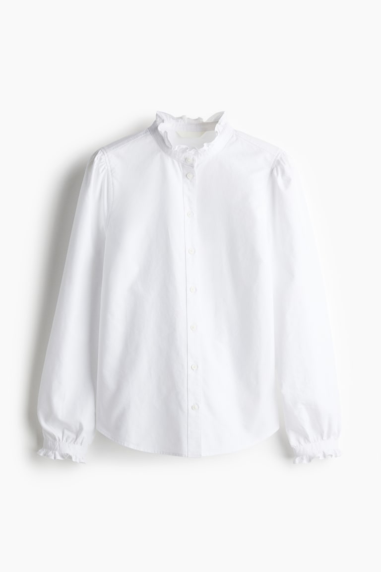 White Shirt High Frill Neck Blouse Frill-trimmed Oxford Blouse