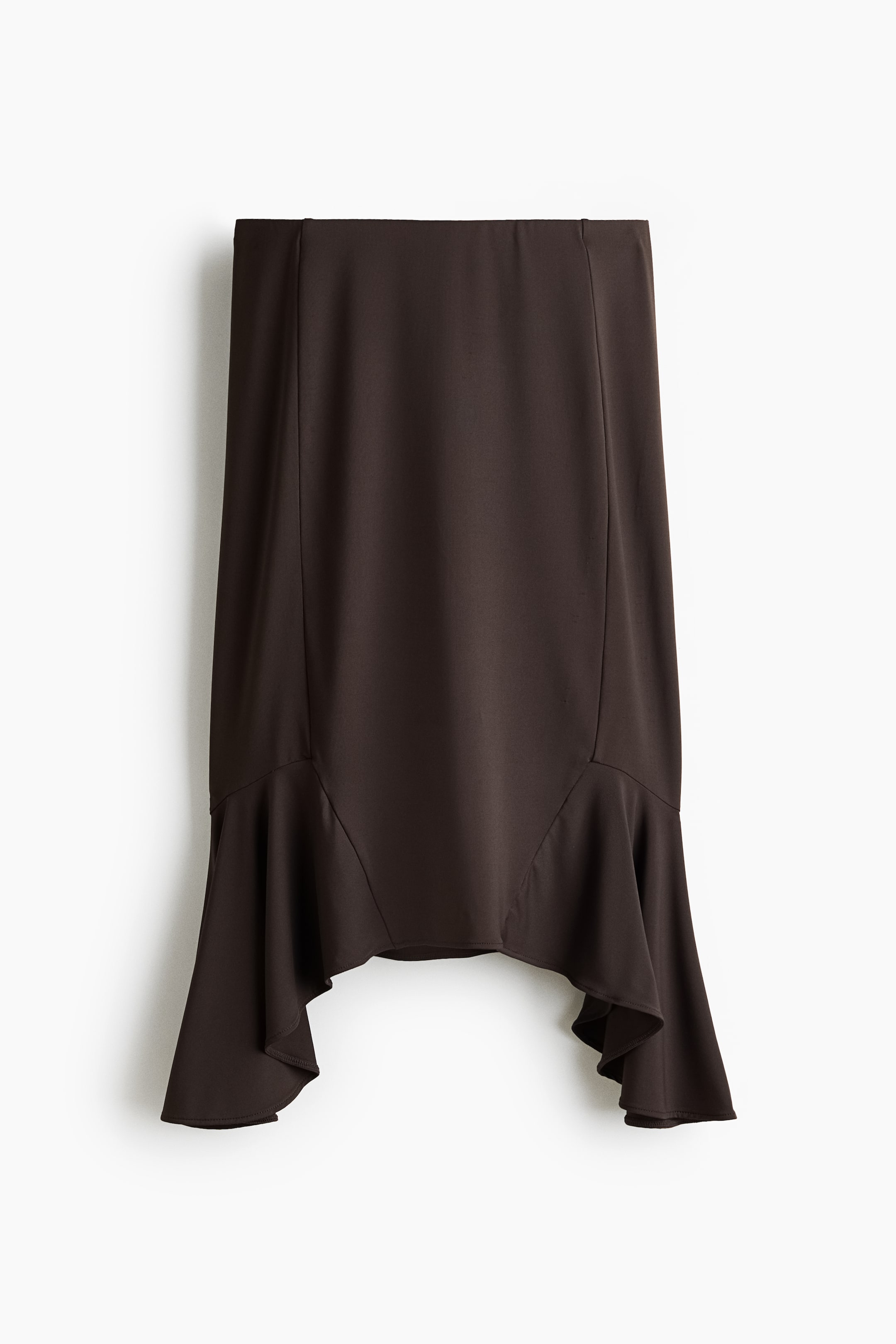 View larger image: Presenting a dark brown midi skirt, showcasing a straight silhouette that seamlessly joins a wide, ruffled flounce panel at the lower section.
