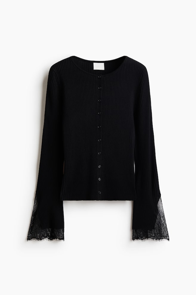 Lace-trimmed rib-knit cardigan - Black/Rust brown/Light beige - 1