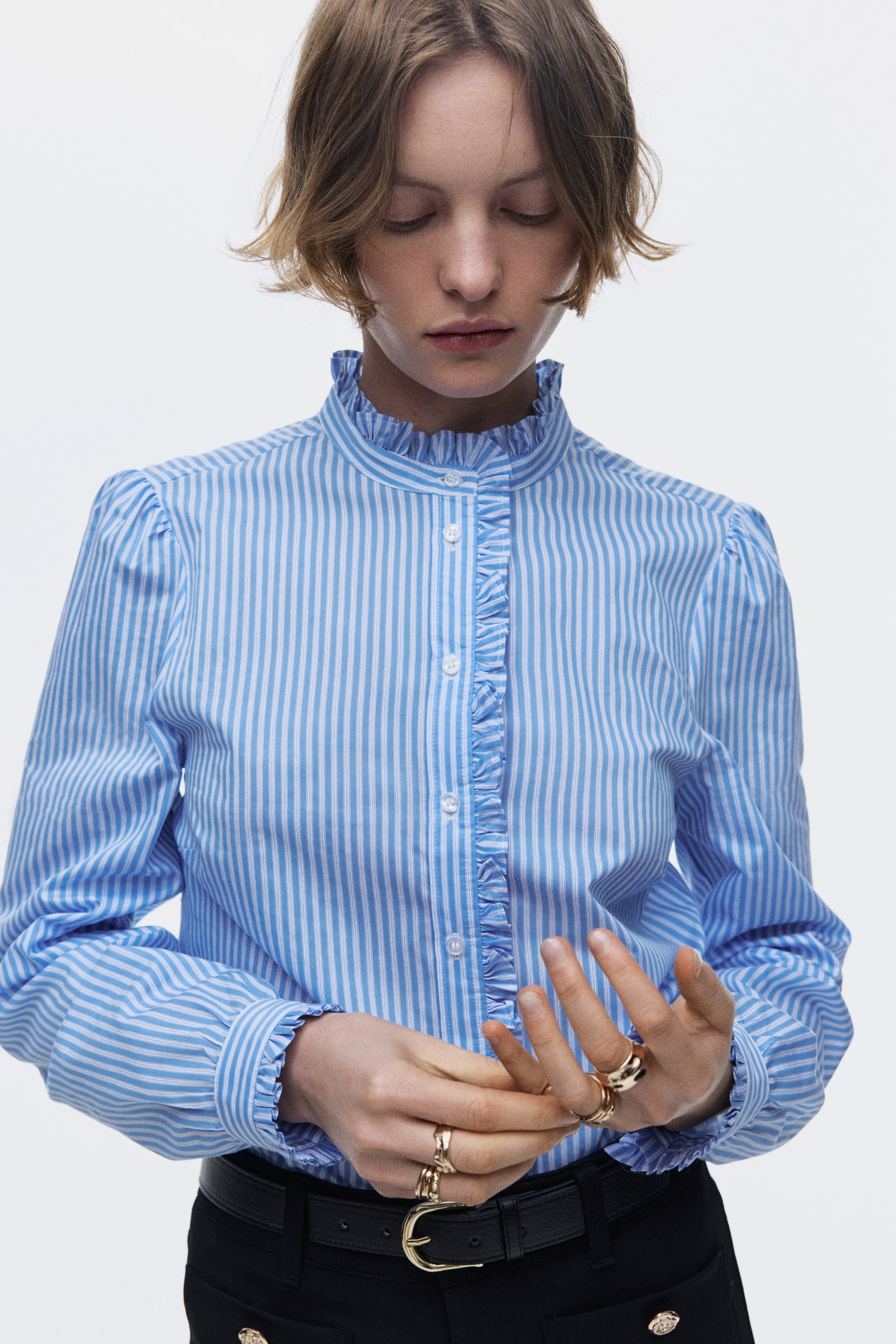 View larger image: Frill-trimmed poplin blouse - Blue/striped - Ladies | H&M CA 1