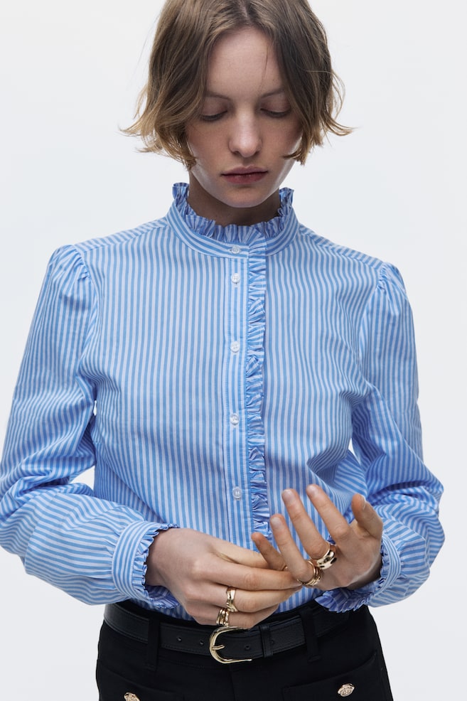 Frill-trimmed poplin blouse - Blue/Striped - 1