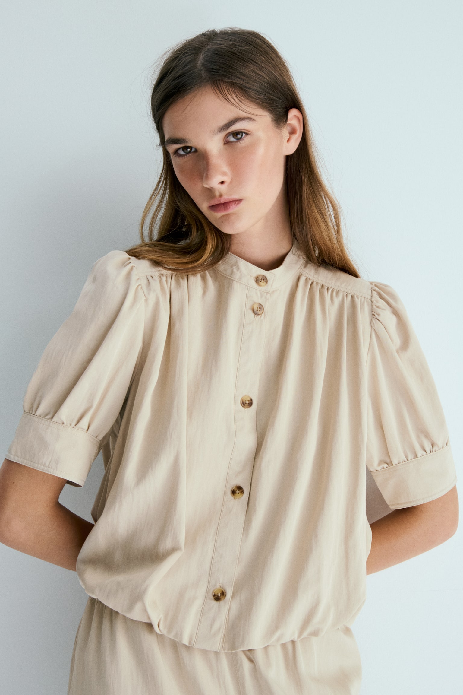 Bubble-hem twill blouse - Light beige - 4